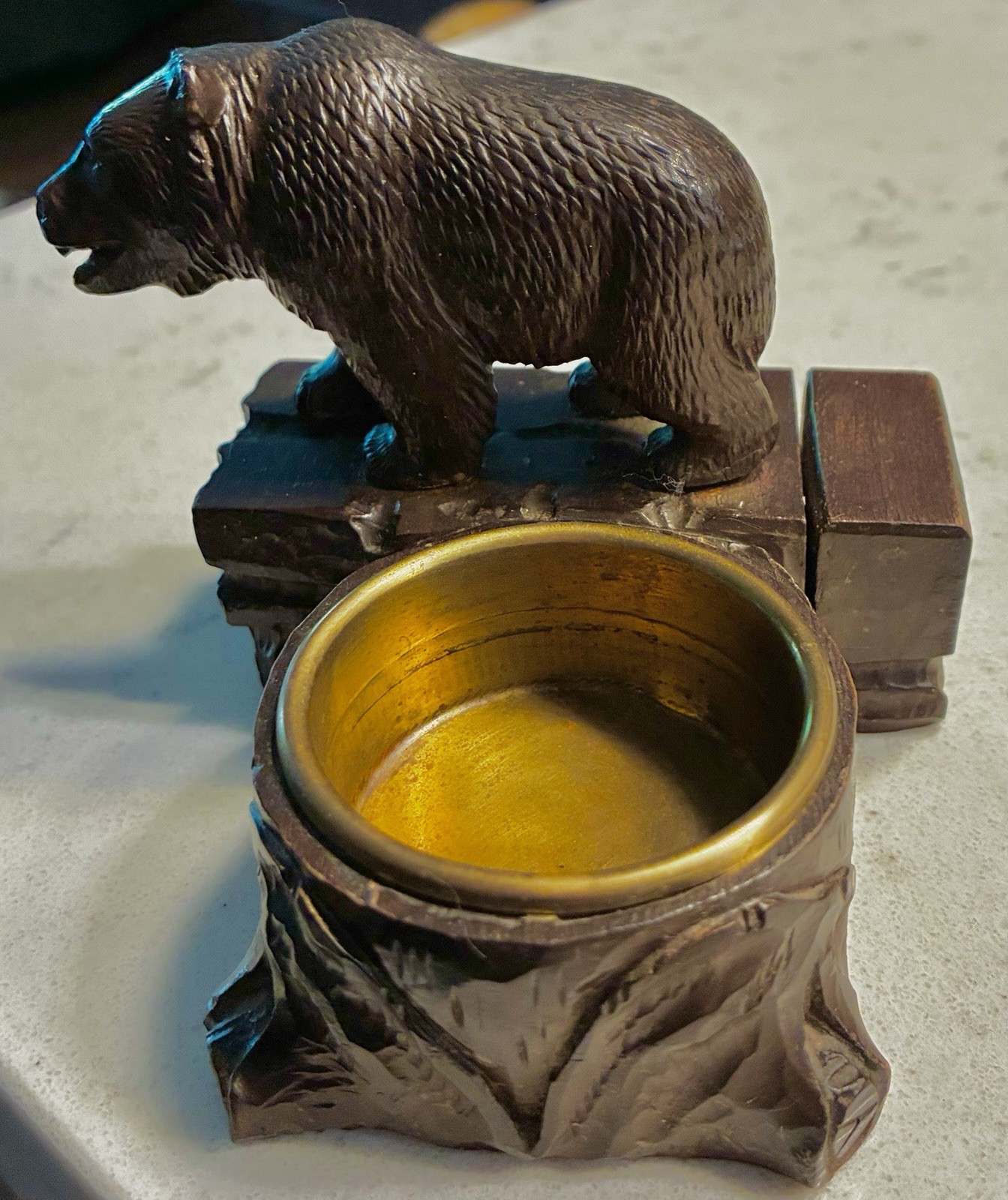 Antique Black Forest Carved Wooden Bear Smoker's Companion with Brass Insert