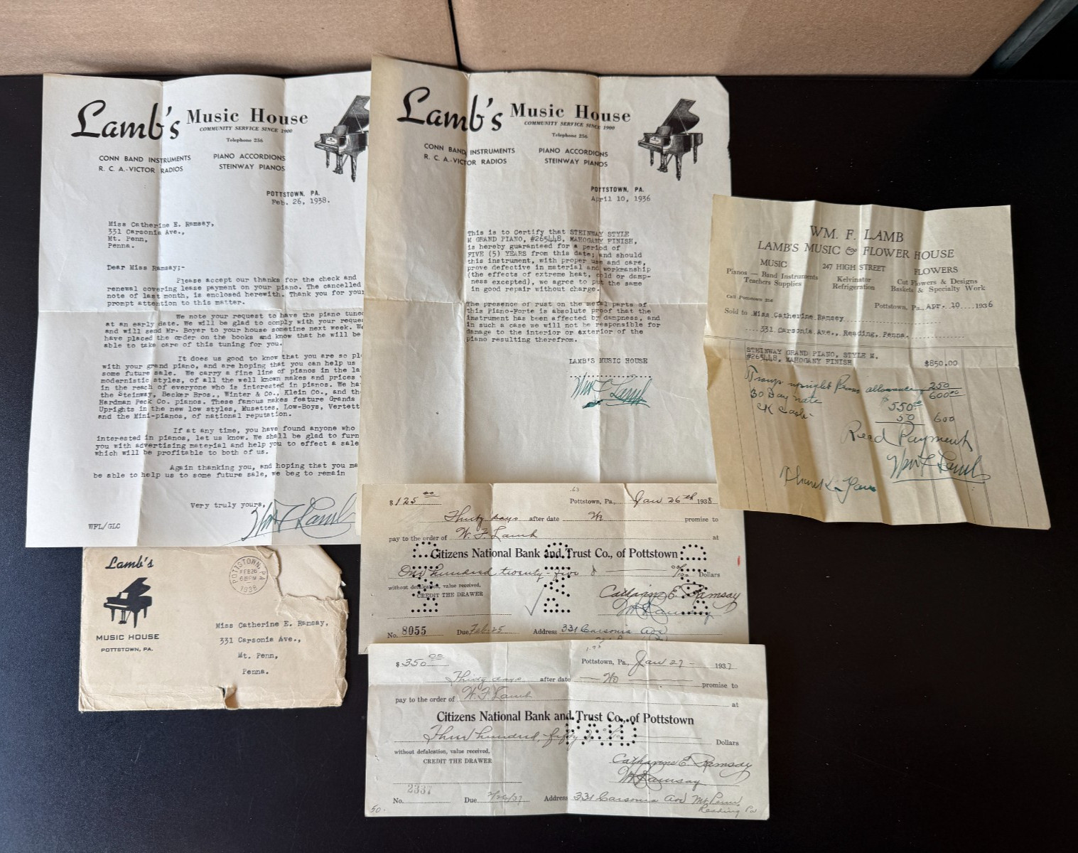 VTG 1936-38 Ephemera Letter, Invoice, Checks for Steinway Grand Piano Purchase