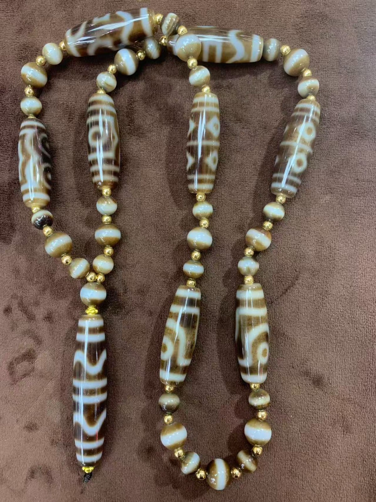 Rare Tibetan Old Agate Dzi Beads W/Agate Dzi *Tiger Teeth* Bead Pendant Necklace