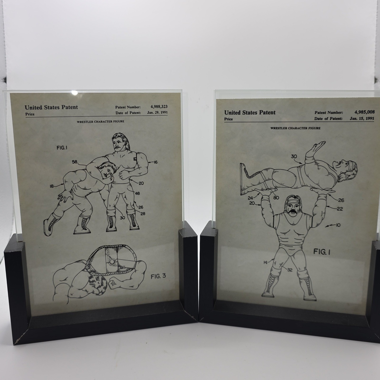 WWF Hasbro Wrestler Character Figure Patent Art Prints Framed Set of 2 1991