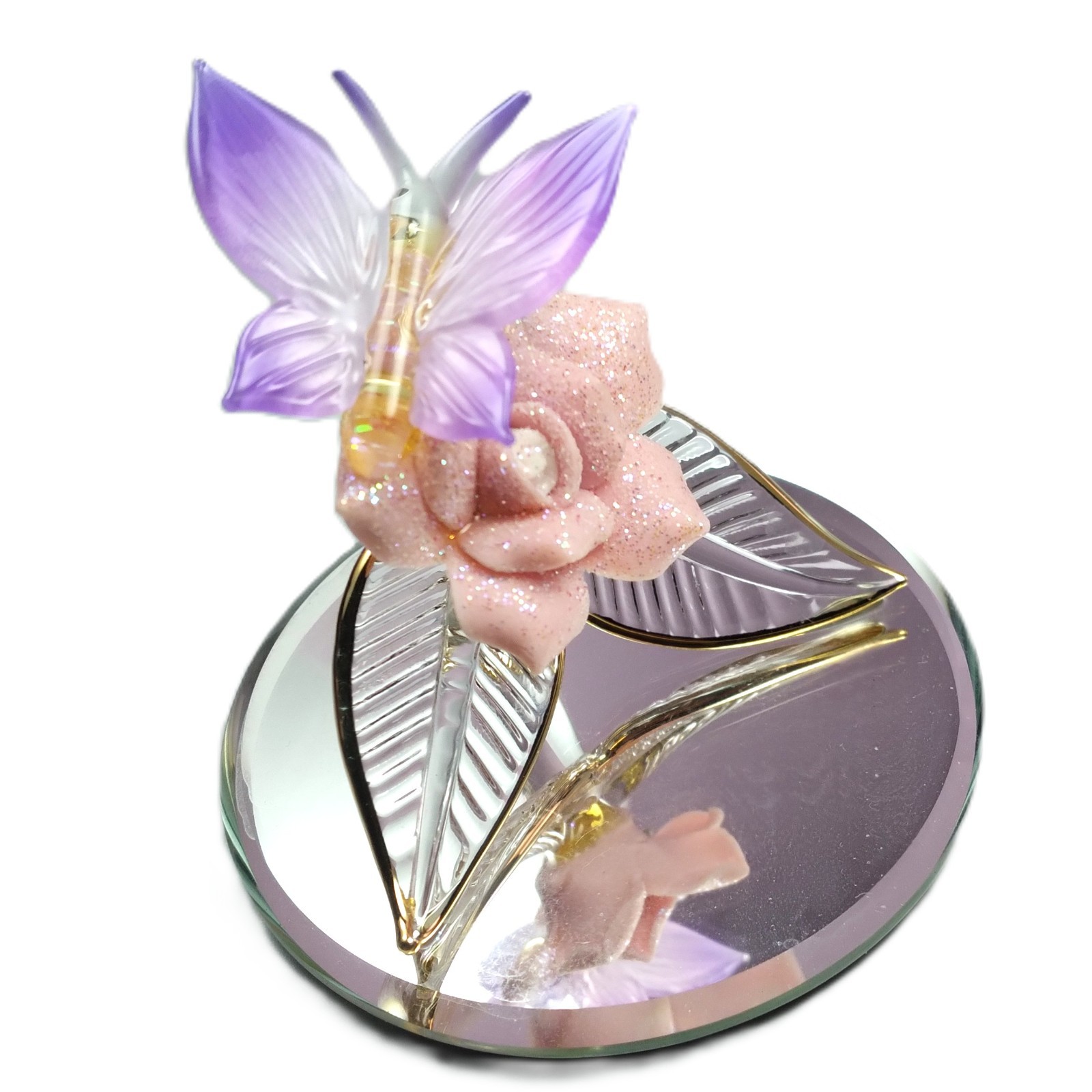 1998 Glass Baron Blown Glass Purple Butterfly  on Pink Glitter Rose P1 327V 2\