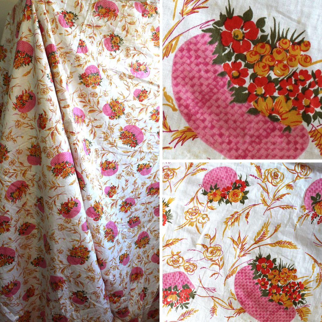 By 1/2 Yard - Vintage 50s 60s Cotton Chintz Floral Novelty Fabric Pink Yellow By 1/2 Yard - Vintage 50s 60s Cotton Chintz Floral Novelty Fabric Pink Yellow