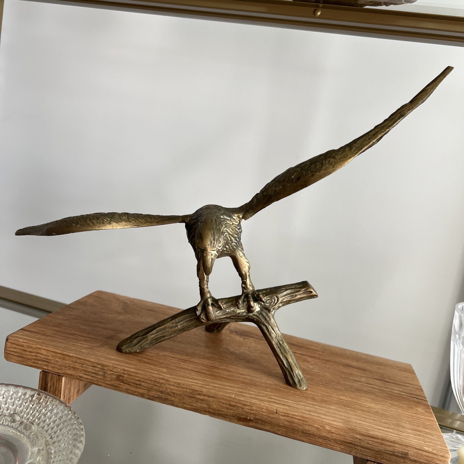 Vintage Brass Eagle Sculpture 14” Wingspan Bird Figurine Decor 6” Base