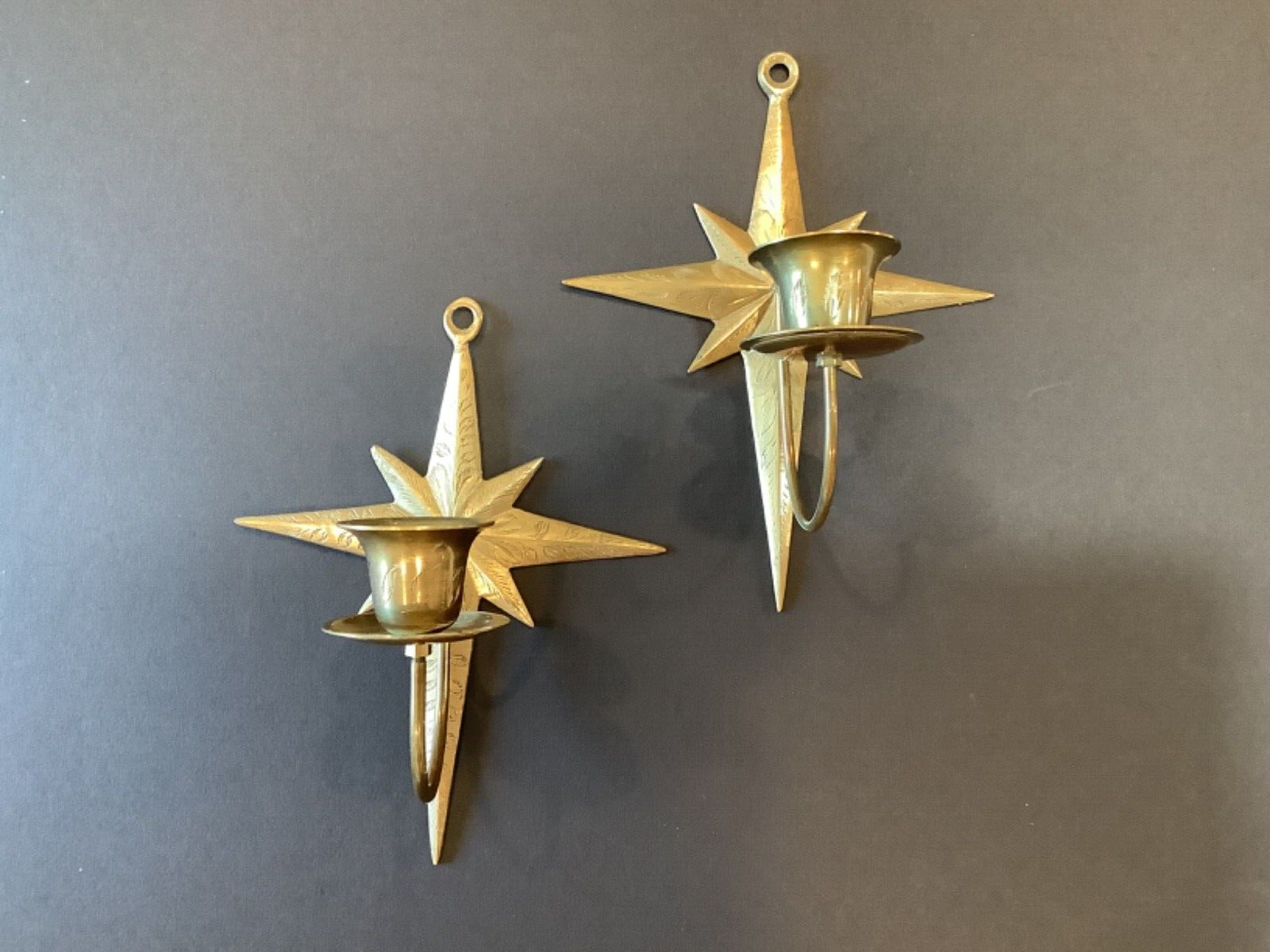Pair of Brass Star Candle Wall Sconce MCM Starburst Celestial Candleholder
