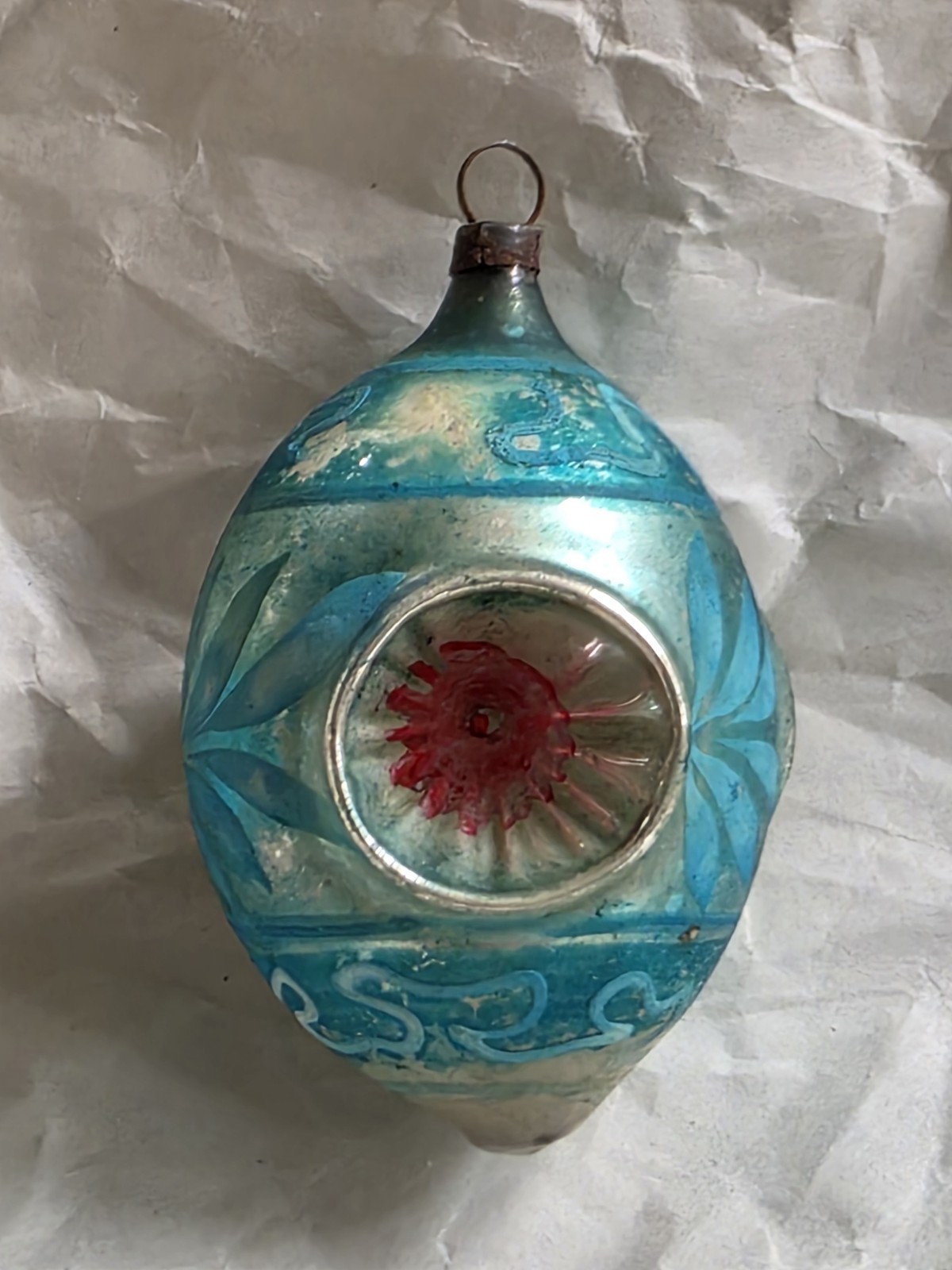 Antique Vintage German Teal Blue Triple Indent Glass Christmas Ornament
