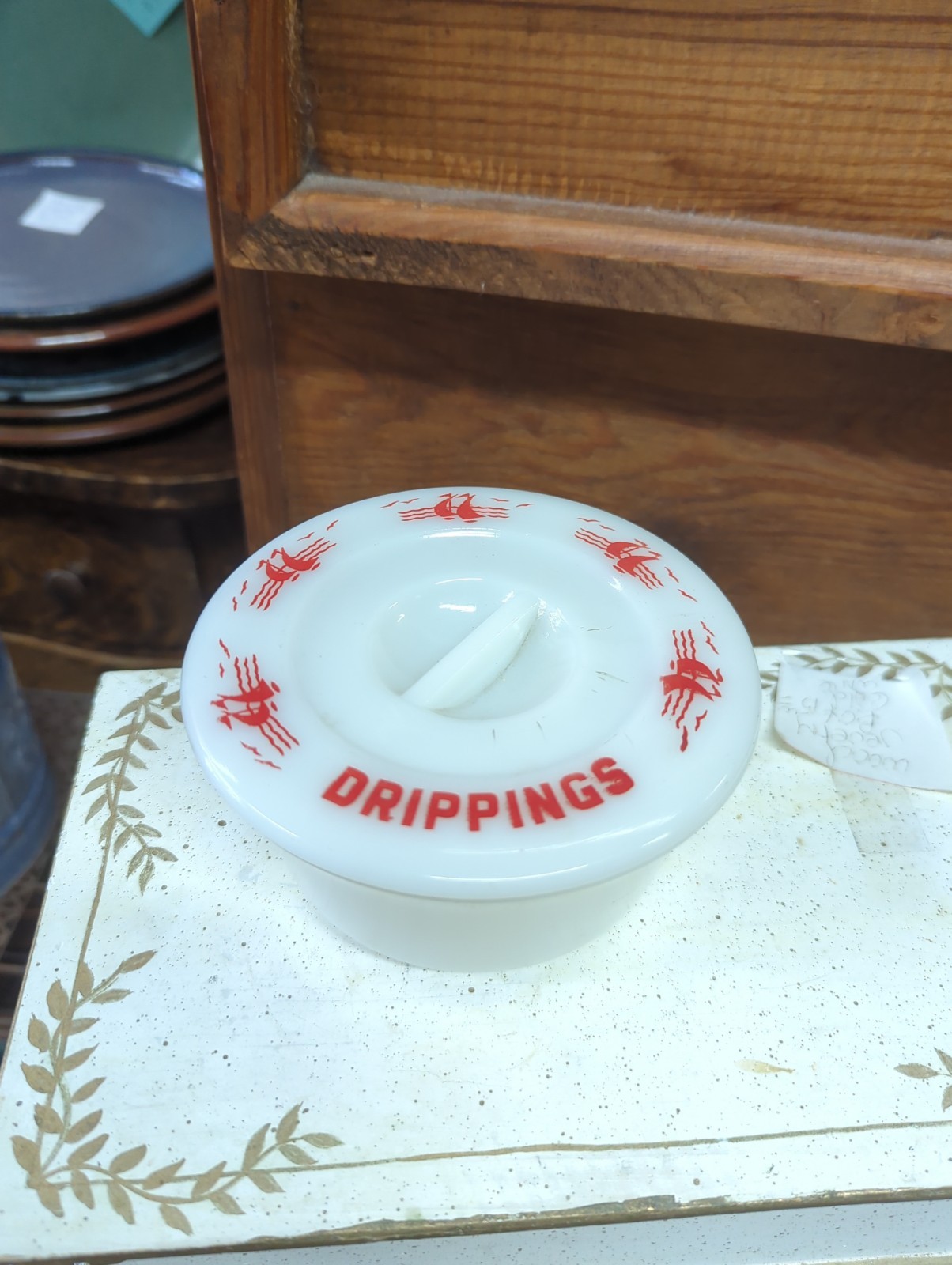 Vintage Mckee Red Ships Milkglass Drippings Jar Bowl W/Lid Refrigerator Dish