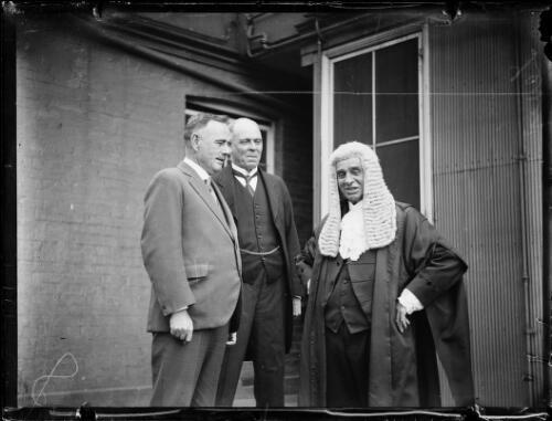 Judge Levy in full court wig and robes with two men, NSW, 1930s Old Photo