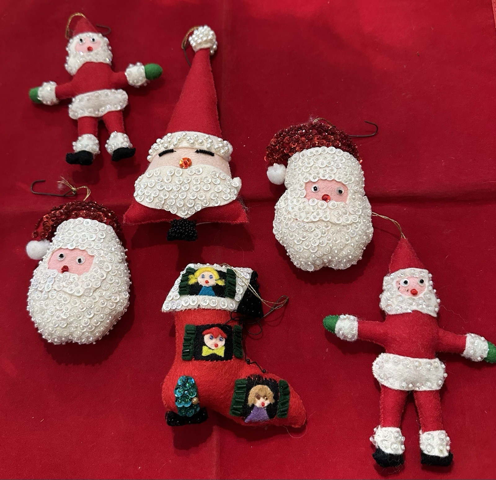 Vintage Handmade Felt Sequin Christmas Ornaments  Santa’s & Boot 4
