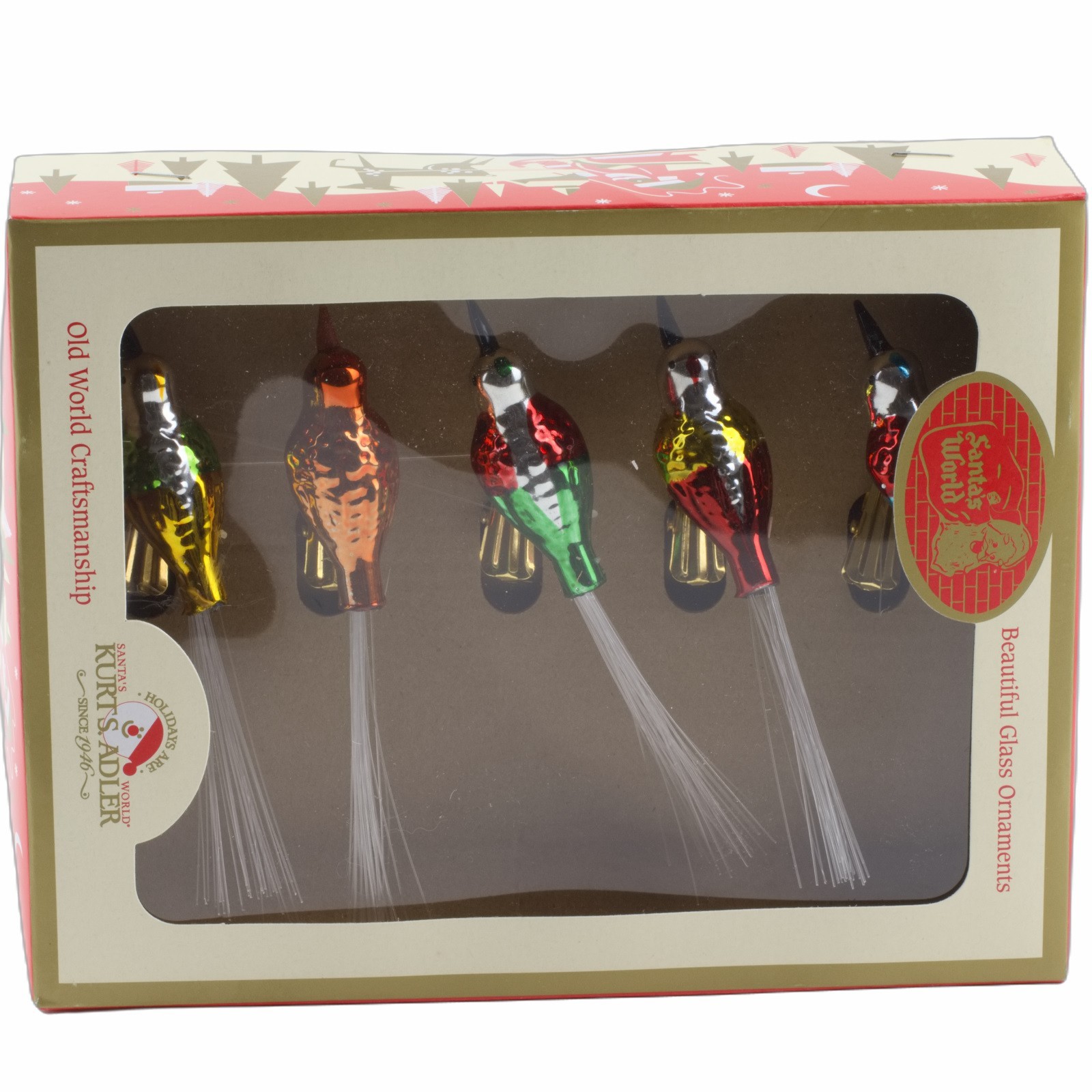 Kurt Adler Early Year Christmas Ornaments Clip On Glass Birds Set of 5