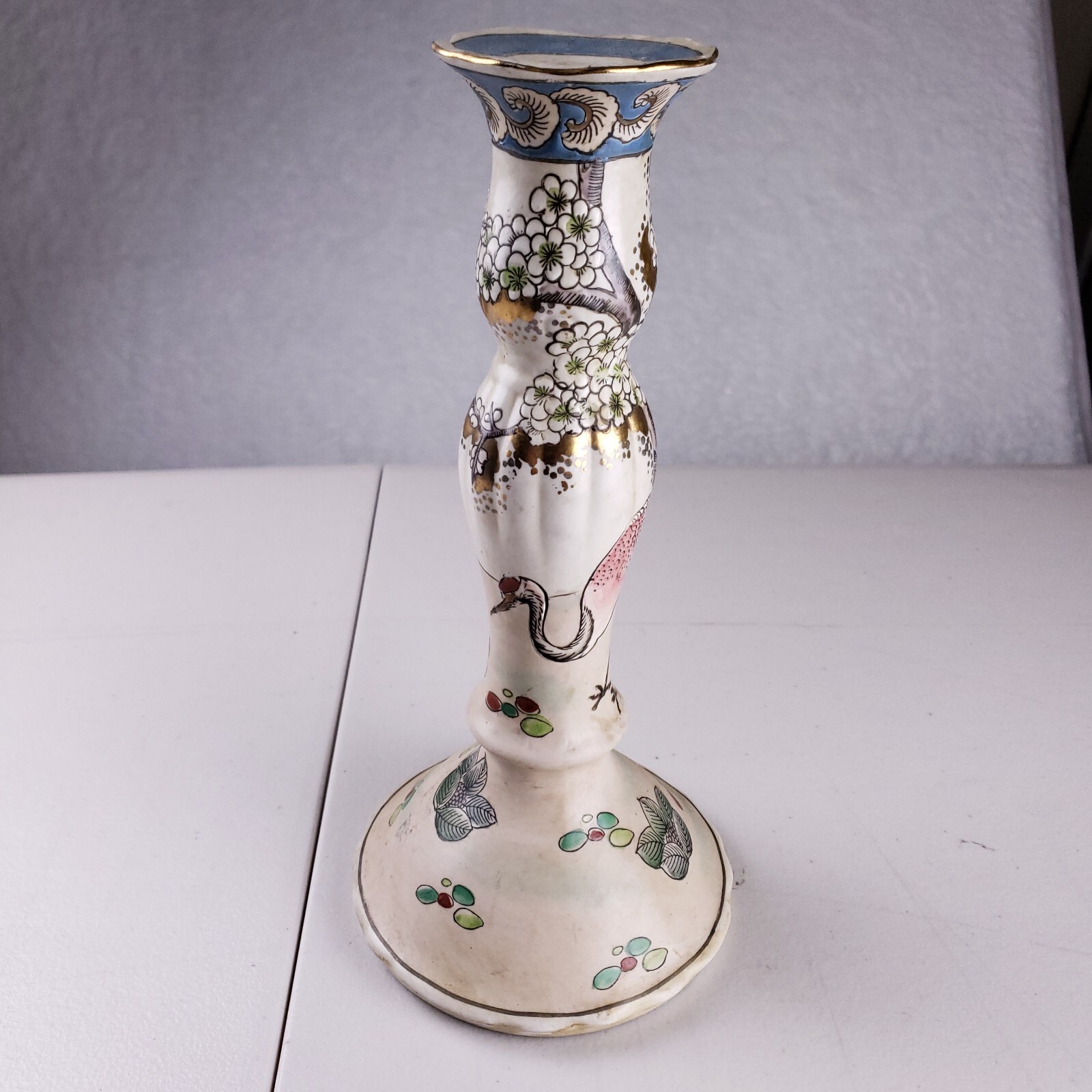 VTG Macau Hand-Painted Porcelain Candlestick Crane Cherry Blossom Gold Accents