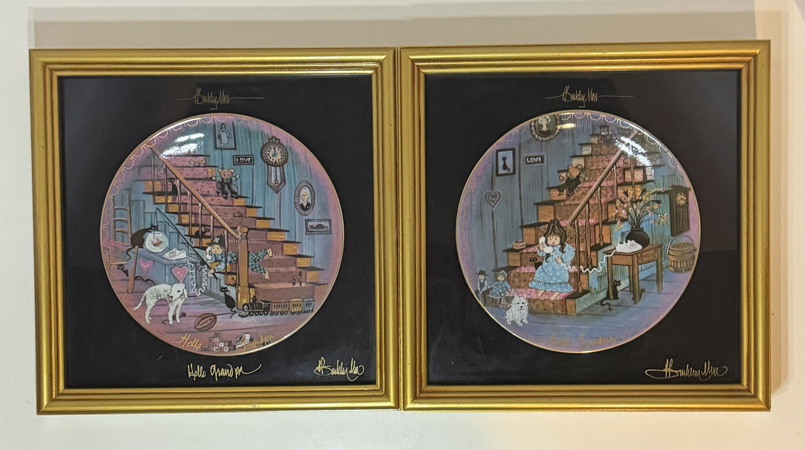 P Buckley Moss Set Hello Grandpa & Hello Grandma Framed Plates AUTOGRAPHED 1989