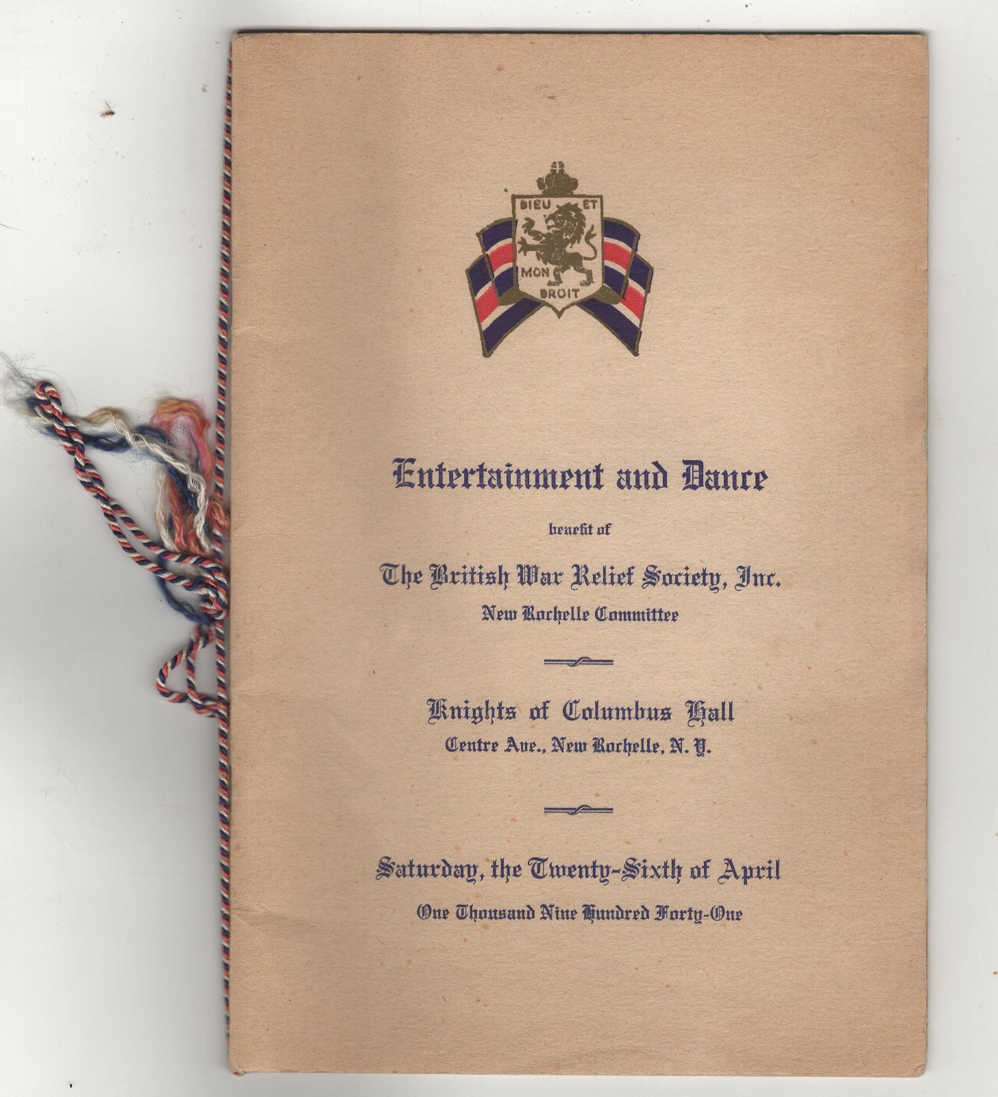 1941 British War Relief Dance Program New Rochelle, NY