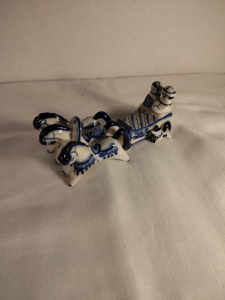 Vintage Gzhel Russian Blue & White Ceramic Figurine Couple in Horse Drawn Sleigh