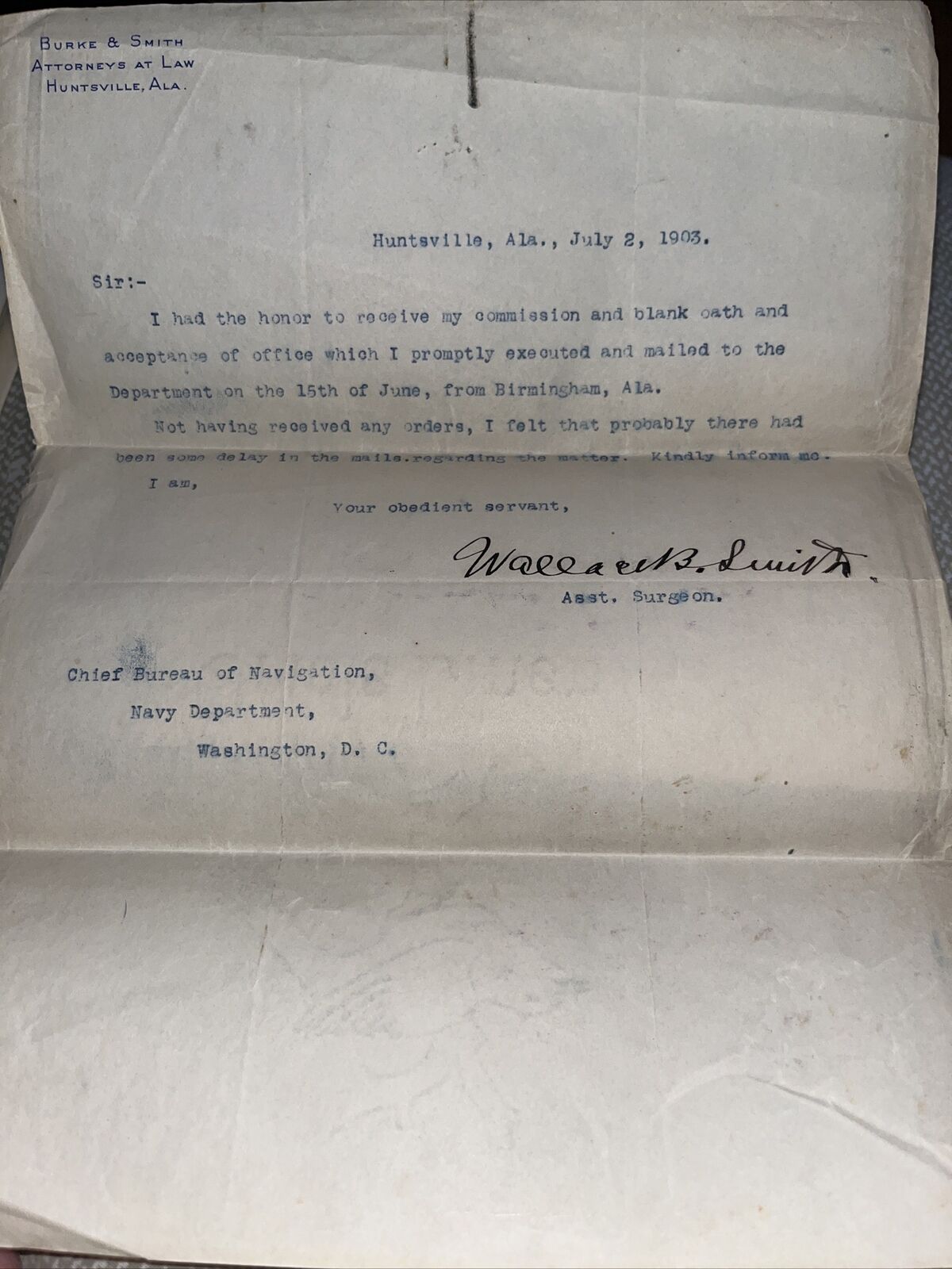 Antique 1903 Letter Requesting Orders From Chief Bureau of Navigation, US Navy