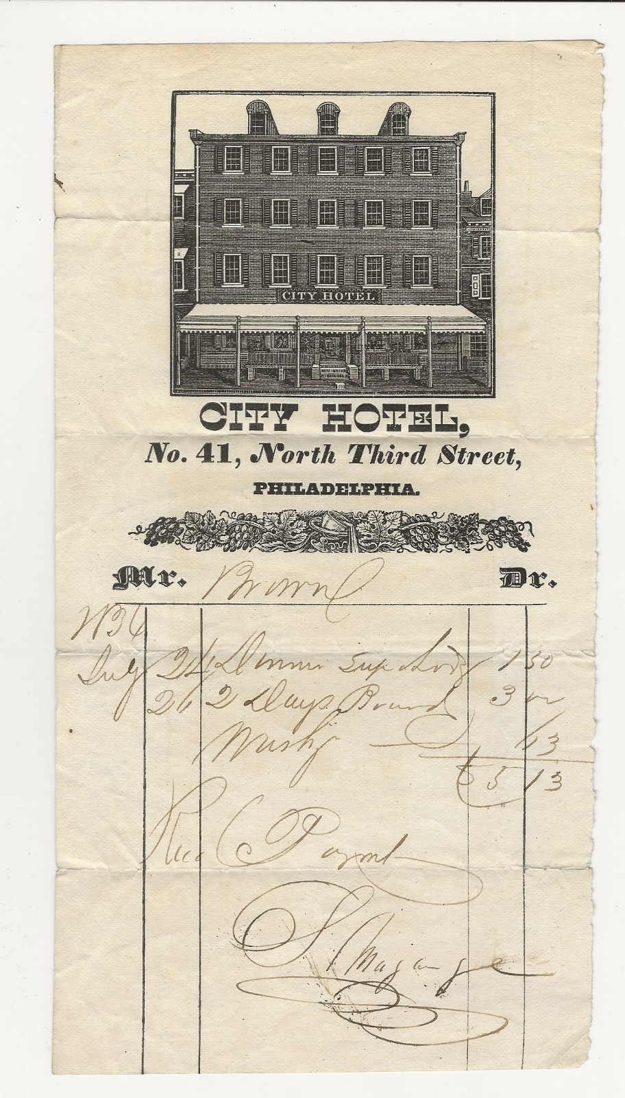 Original 1836 Graphic Illustrated Billhead / Invoice - CITY HOTEL. Philadelphia