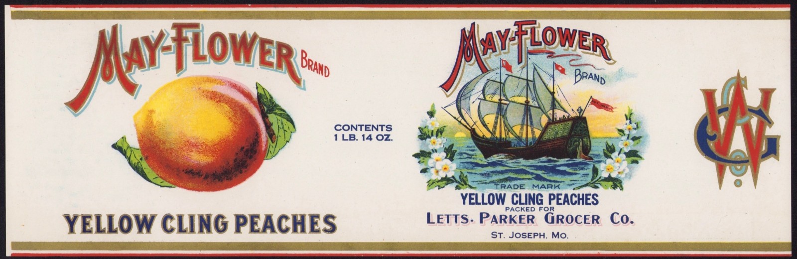 MAY-FLOWER antique can label for PEACHES Letts-Parker St. Louis 1918 file copy