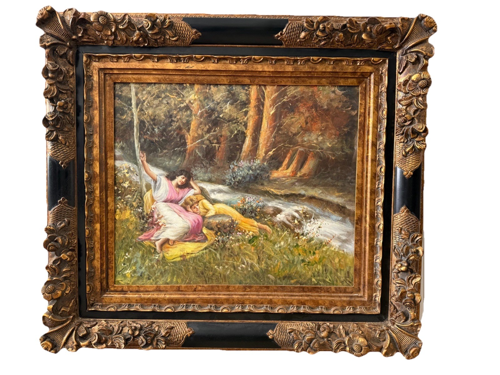 Vintage Large Ornate Gold Gilt Framed Oil Painting 36” x 32”