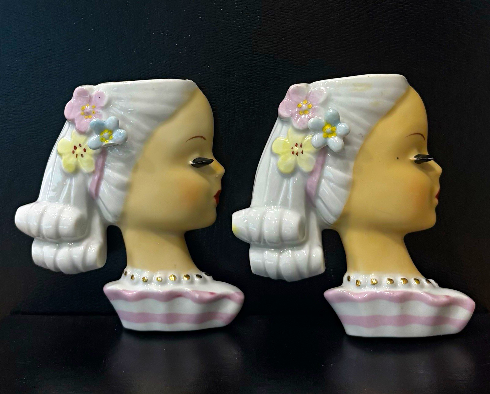Vintage Japan 1950’s Ceramic Lady Head Wall Pocket Vase Set of 2 