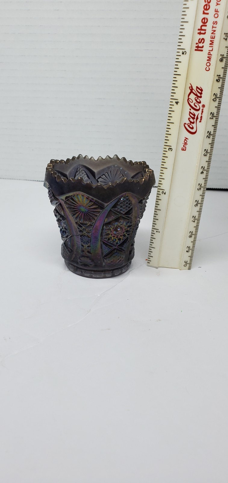 CARNIVAL AMBER BLUE IRIDESCENT IMPERIAL GLASS TOOTHPICK HOLDER SAW TOOTH RIM