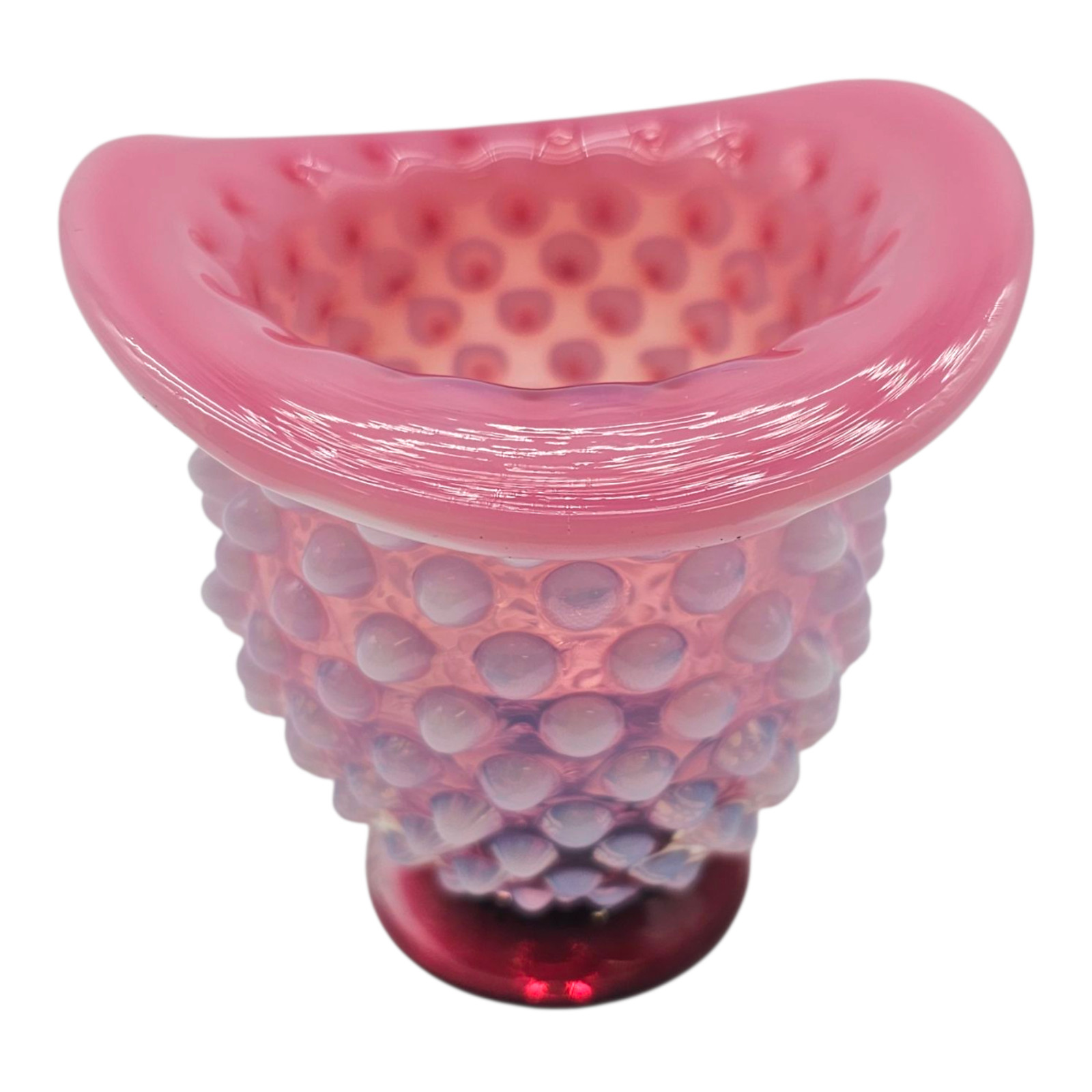 Vtg Fenton Cranberry Overlay Hobnail Opalescent Hat Vase  Glass 3\