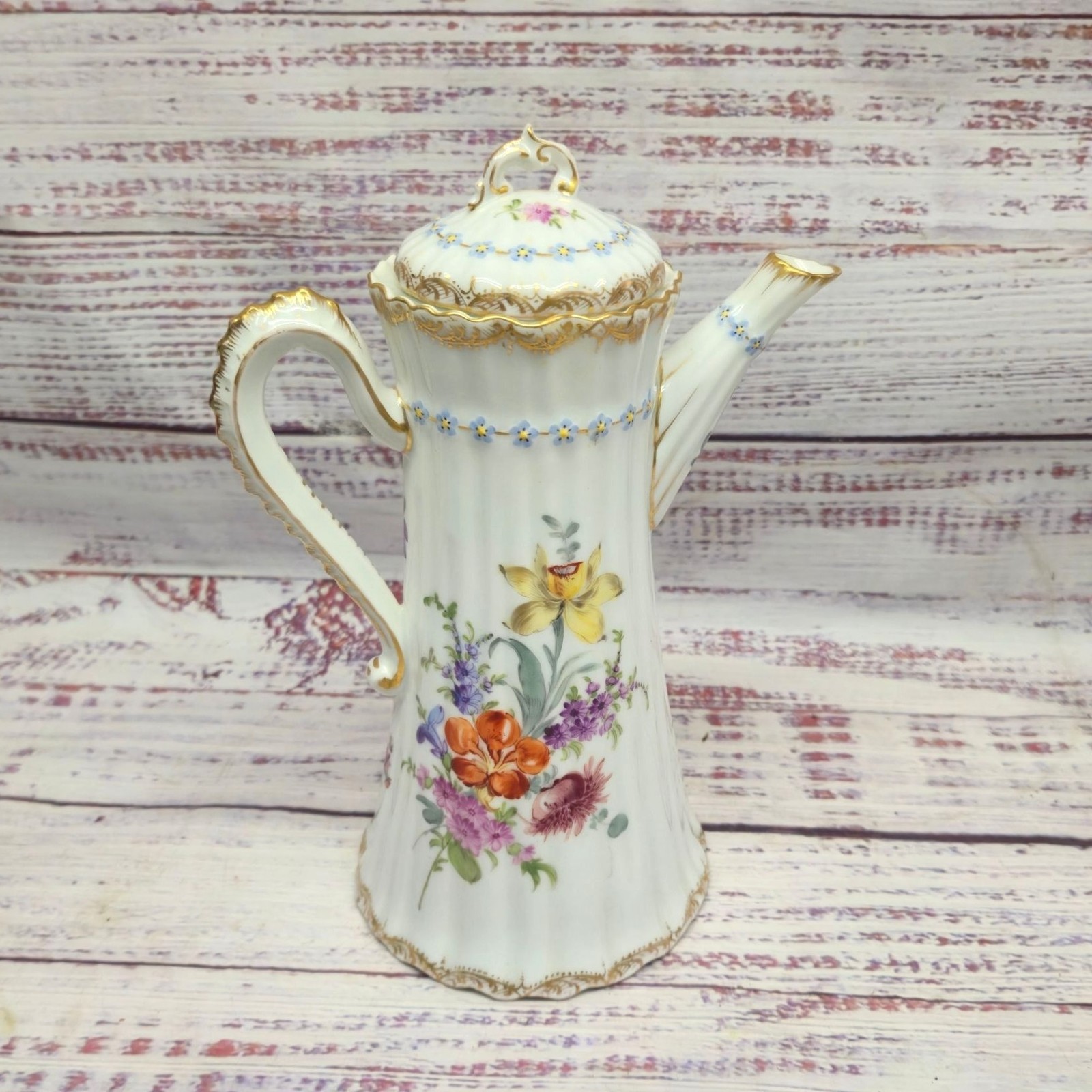 Antique Dresden Helena Wolfsohn Porcelain Chocolate Pot Hand Painted Floral Gold
