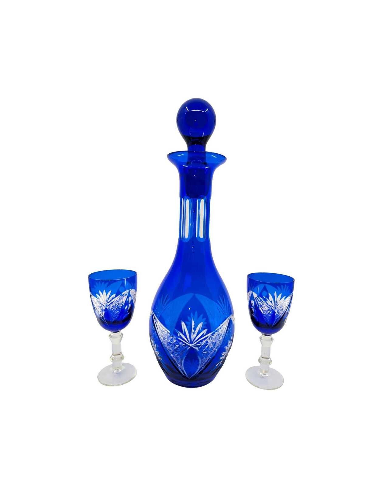 Vintage Cobalt Blue Cut to Clear Crystal Decanter Set 2 Cordial Glasses