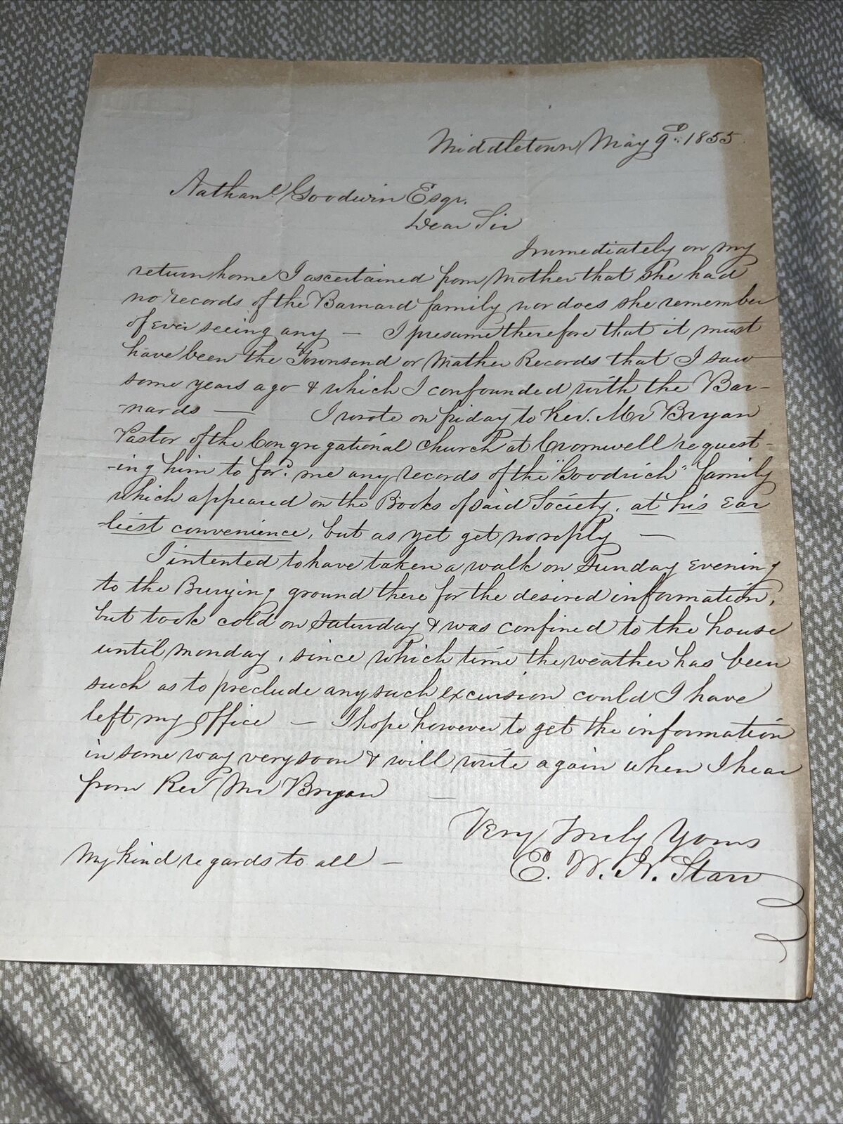 1855 Letter to Hartford CT Genealogist: Cromwell Congregational Church Genealogy