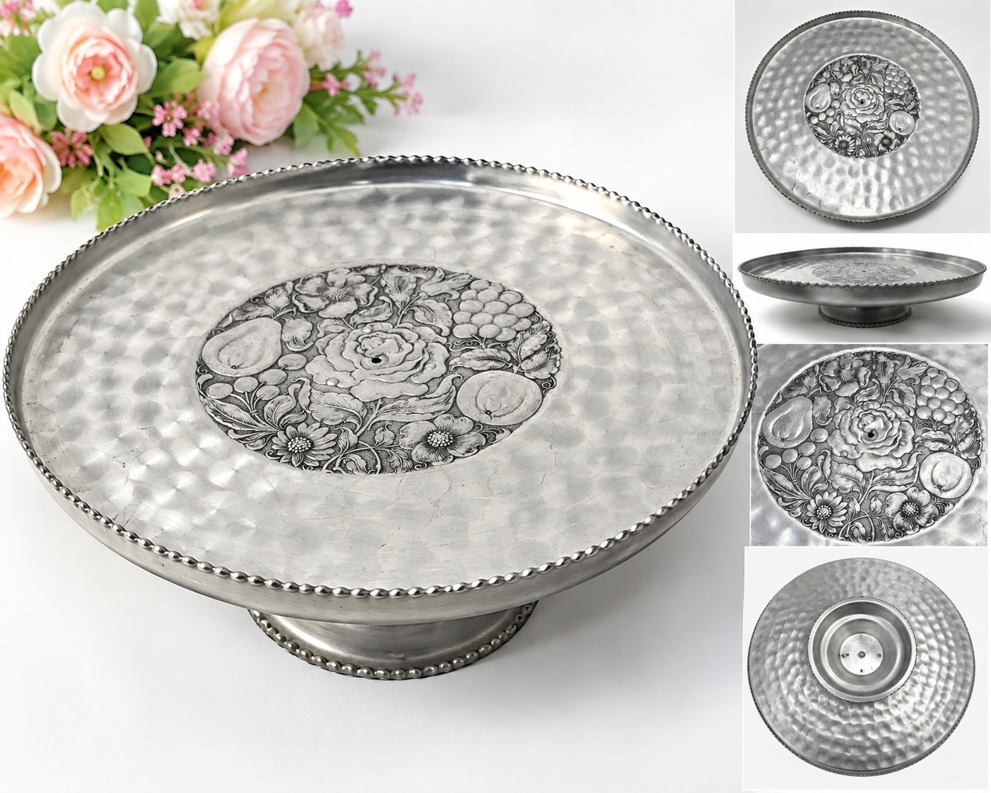 Vintage Hammered Aluminum Pedestal Cake Stand Floral Fruit Center Serving Tray
