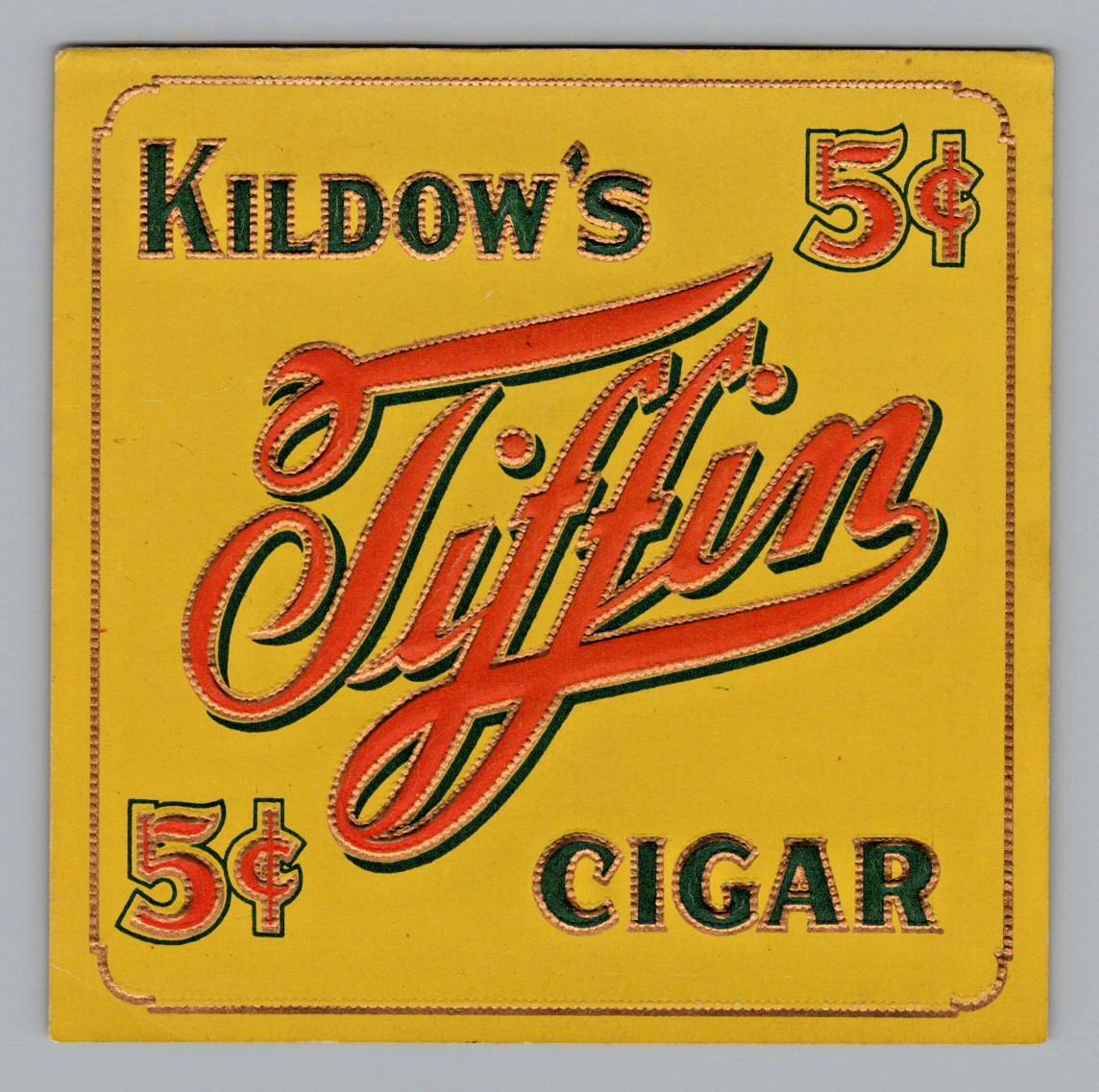 Original Vintage Kildow\'s Tiffin 5 Cent Cigar Embossed Box Label