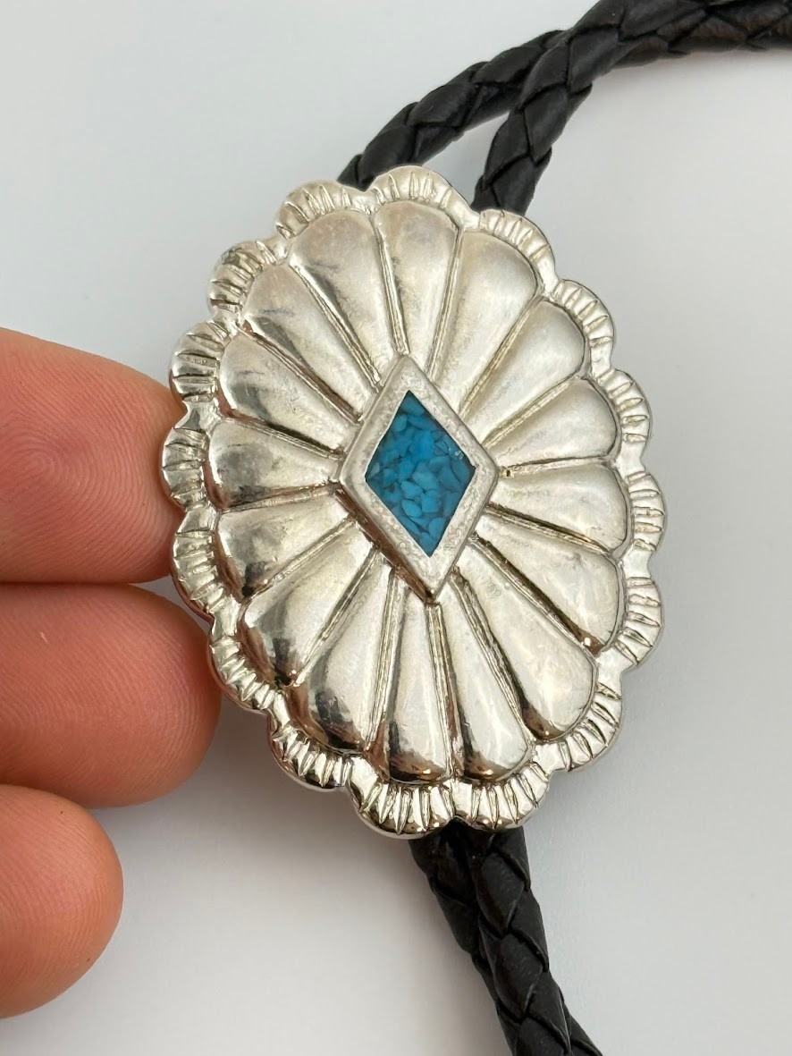 Vtg Western Bolo Tie Blue Stone Silver Tone Concho Cowboy Rodeo Southwestern