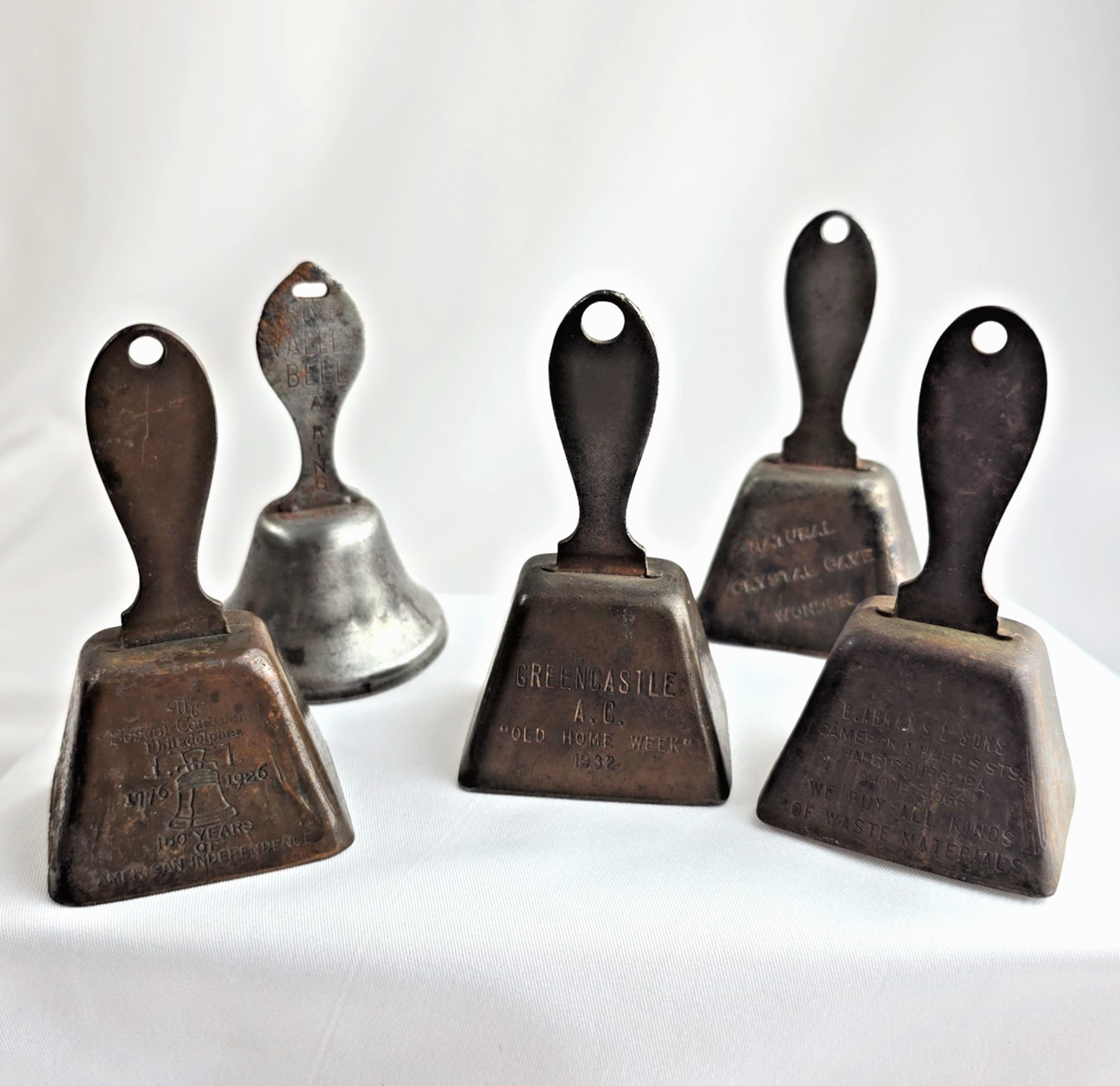 Lot of 5 Antique Advertisement Souvenir Metal Bells Phila Kutztown Charleston