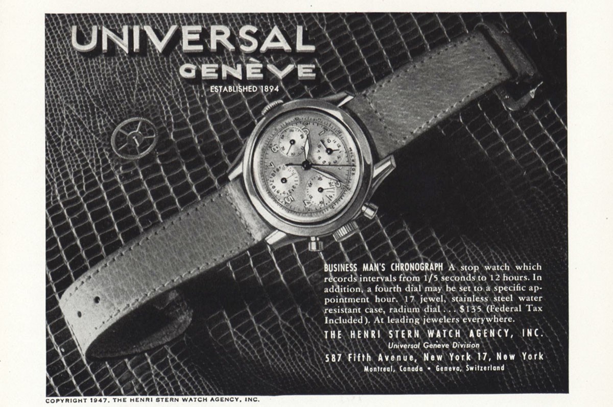 1947 Universal Geneve Watch: Business Mans Chronograph Vintage Print Ad
