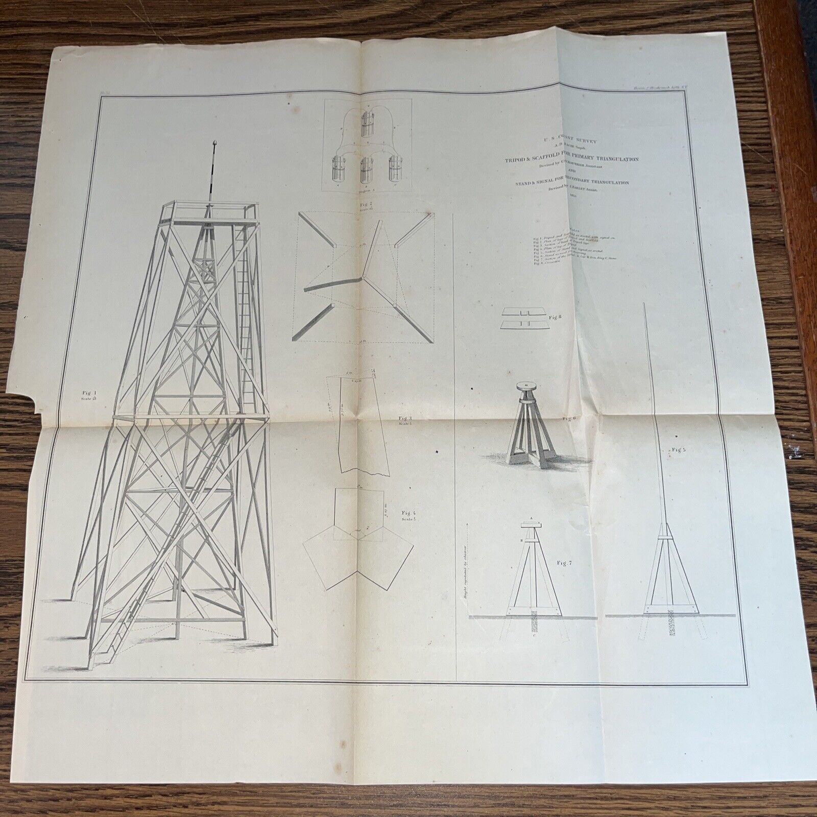1855 US Coast Survey Lithography: Tripod & Scaffold for Primary Triangulation