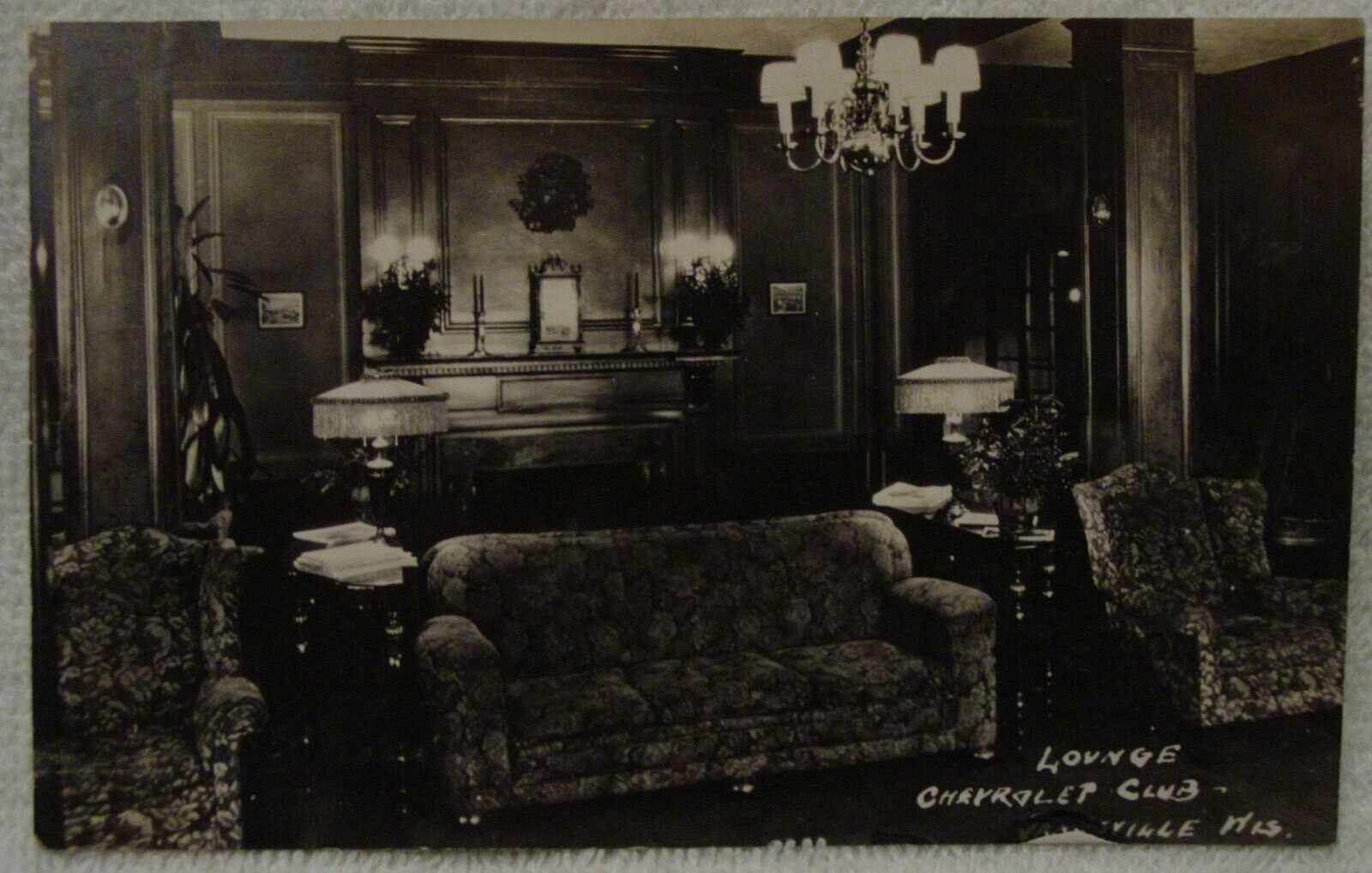 RPPC 1920s Janesville WI CHEVROLET CLUB Mini CHRISTMAS TREE Lounge Rare Postcard
