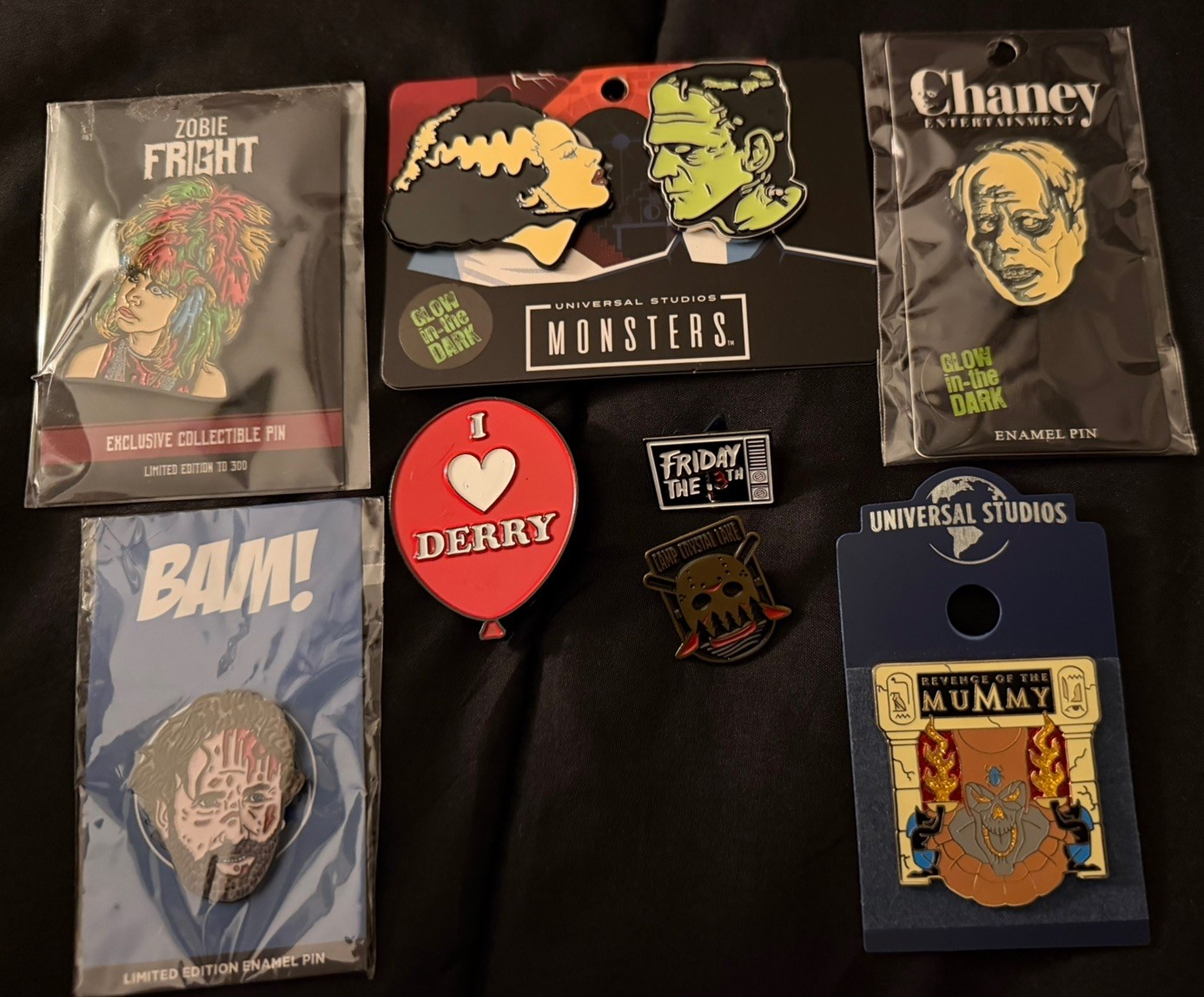 Lot of 9 Horror Enamel Pins: Universal Monsters, Friday the 13th, IT, BAM, Zobie