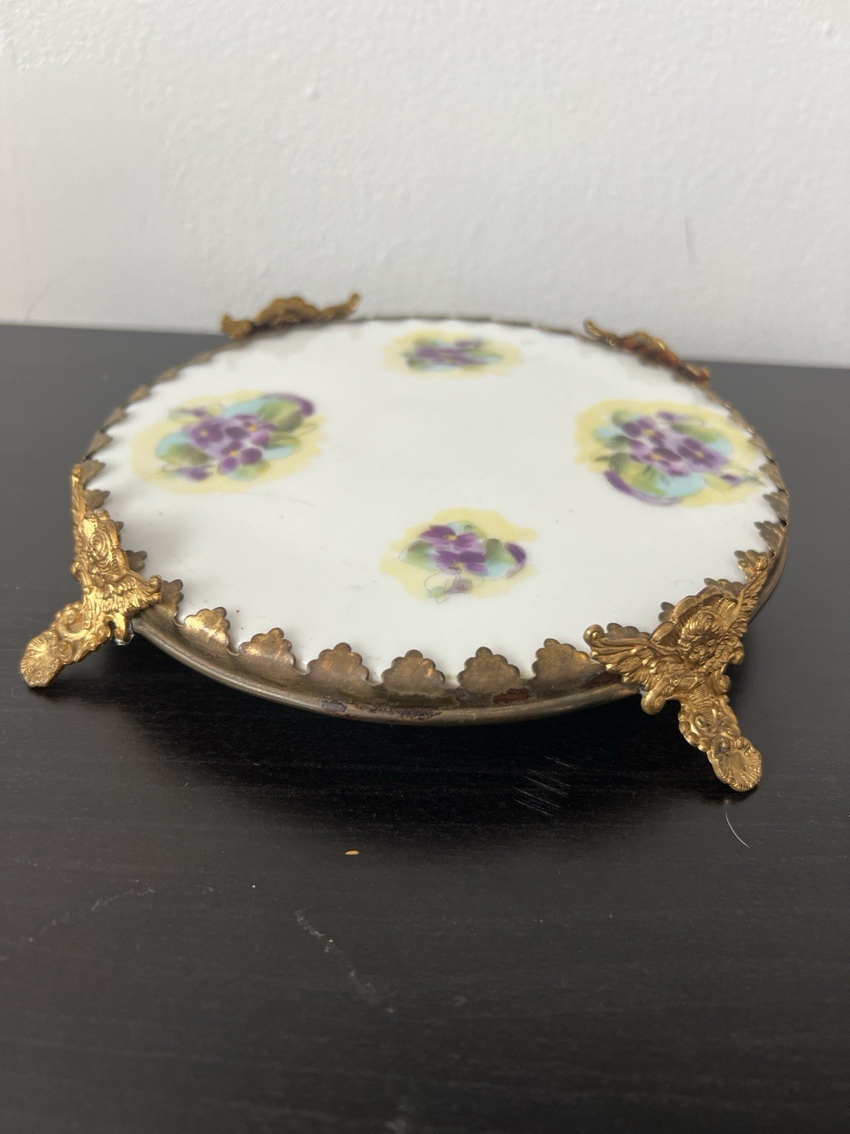 Antique Wm Guerin Limoges Porcelain Table Plateau Ormolu Cherub Feet Violets 7\