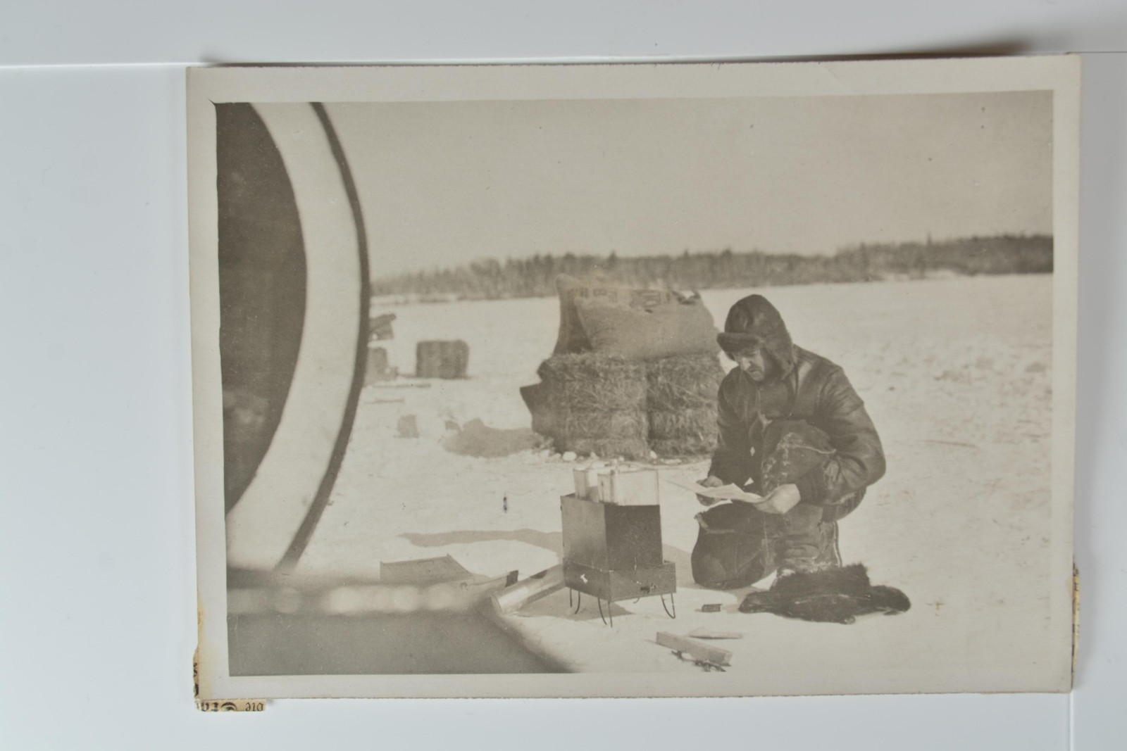 Aviator Reading Mail Frozen Lake Alcohol Stove Winter Scene c1920s VTG Photo