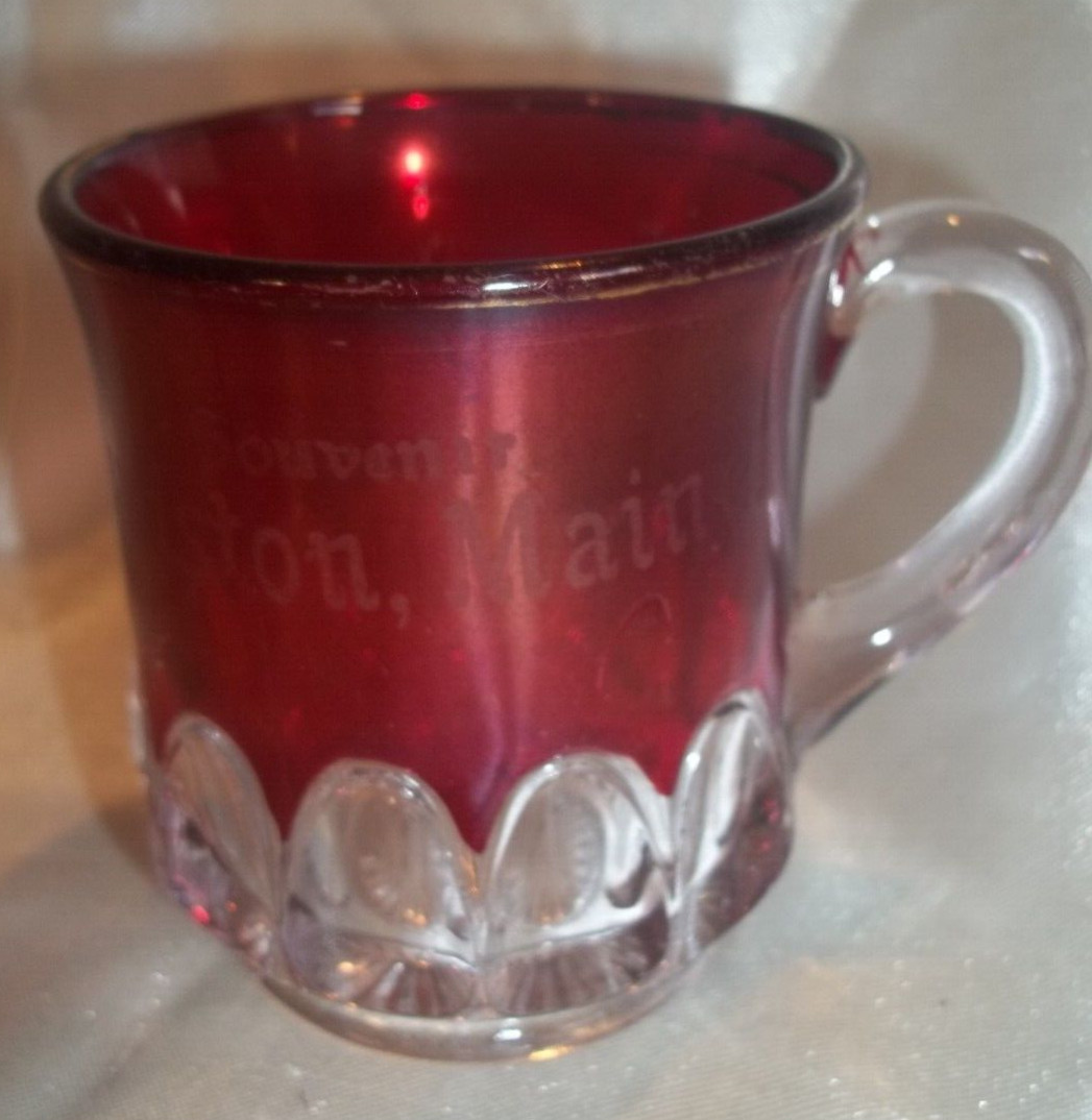 Ruby Flashed Glass Thumbprint Cup Souvenir Lewiston Maine