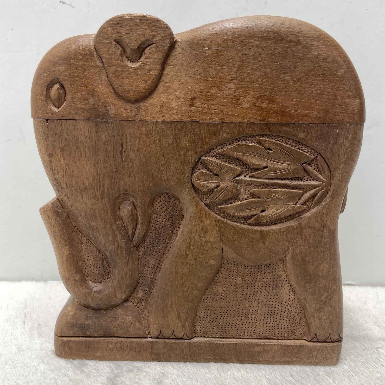 Vintage Wooden Cigarette Box Holder Dispenser Hand Carved Elephant India Boho