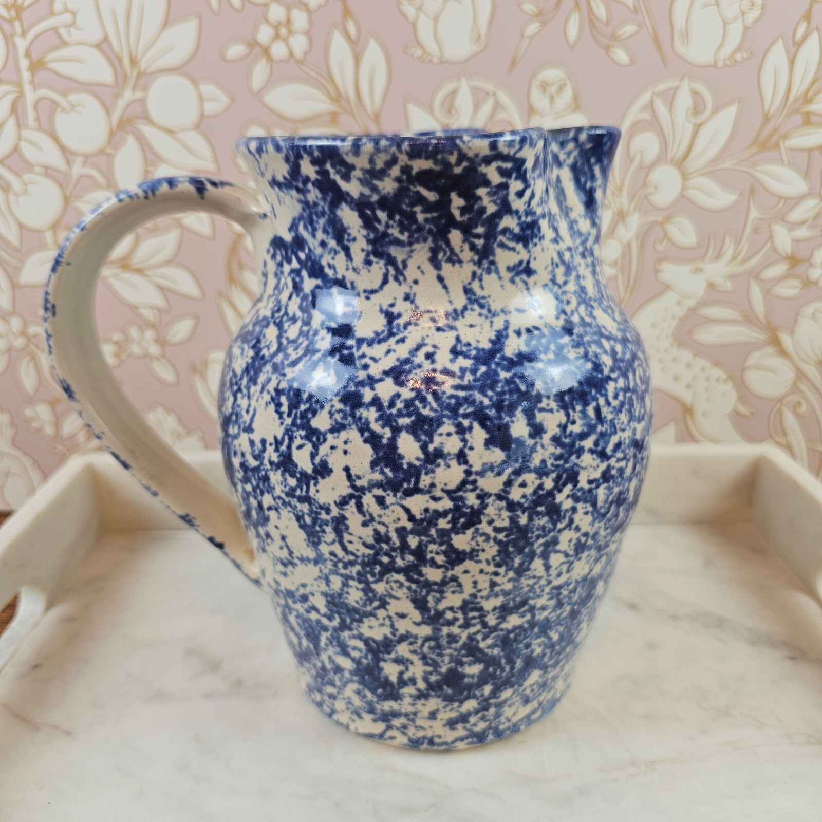 Vintage Blue Spongeware Pottery Pitcher Signed Studio Stoneware Farmhouse Decor