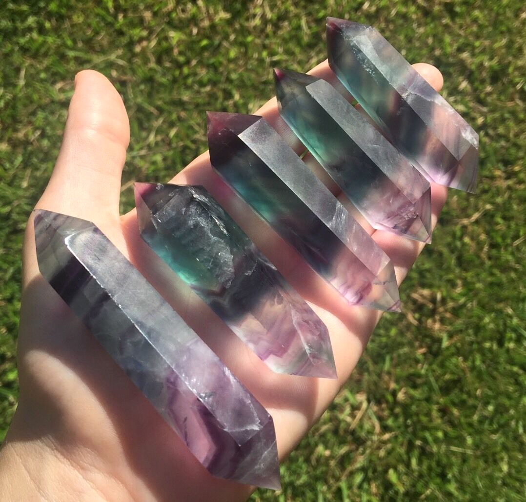 IMPRESSIVE RAINBOW FLUORITE Green & Purple Faceted WAND POINT DT QUALITY