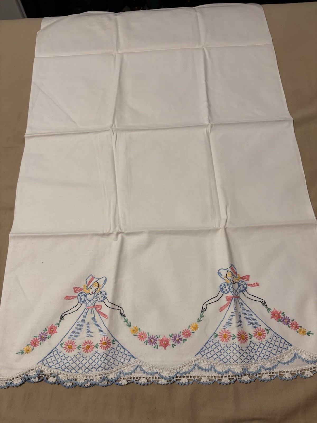 (2)  Vtg 1950s Hand Embroidered Southern Belle Pillowcases NOS Blue Crochet Lace