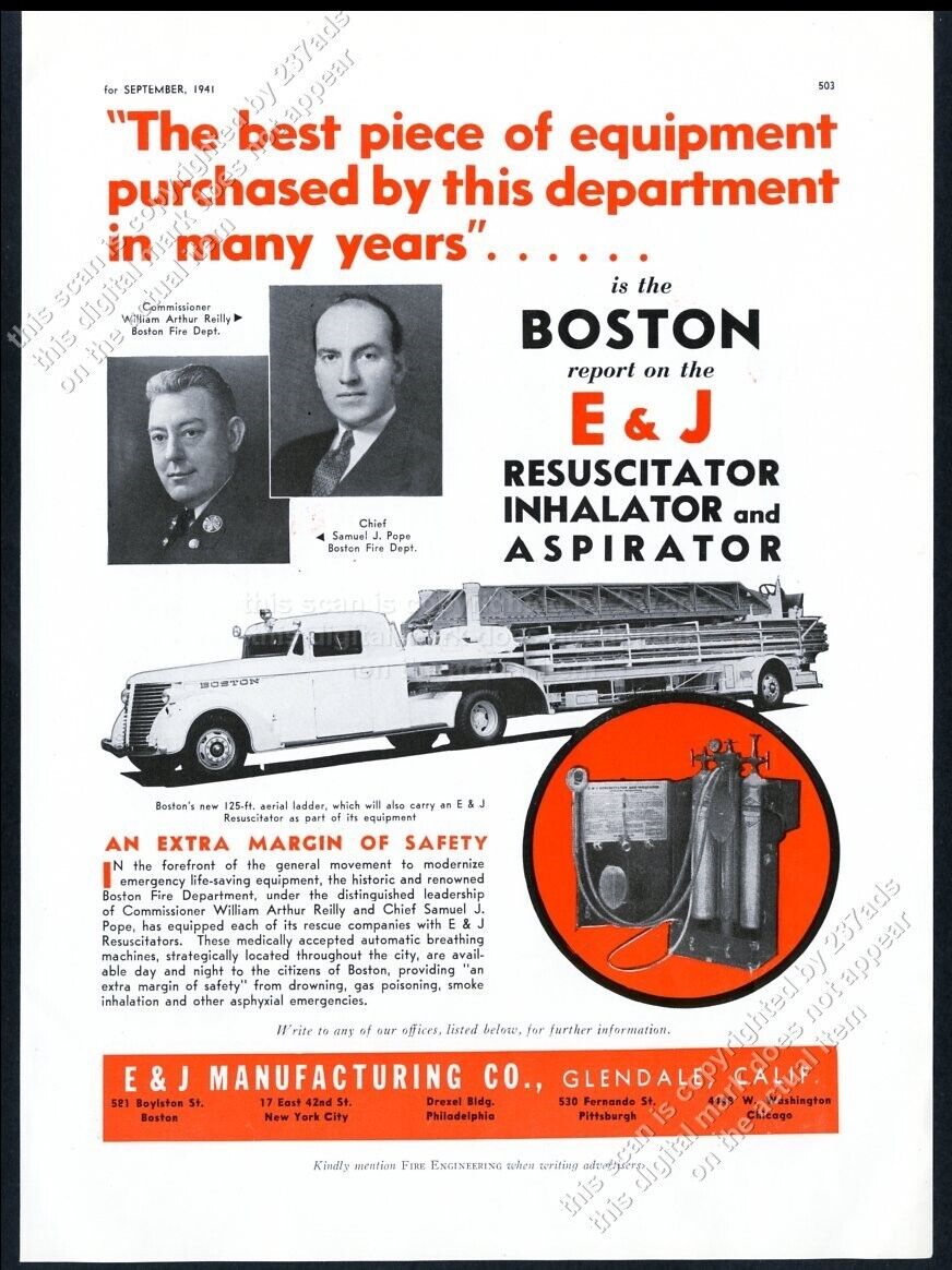 1941 Boston Fire Dept fire engine truck photo E&J resuscitator vintage print ad