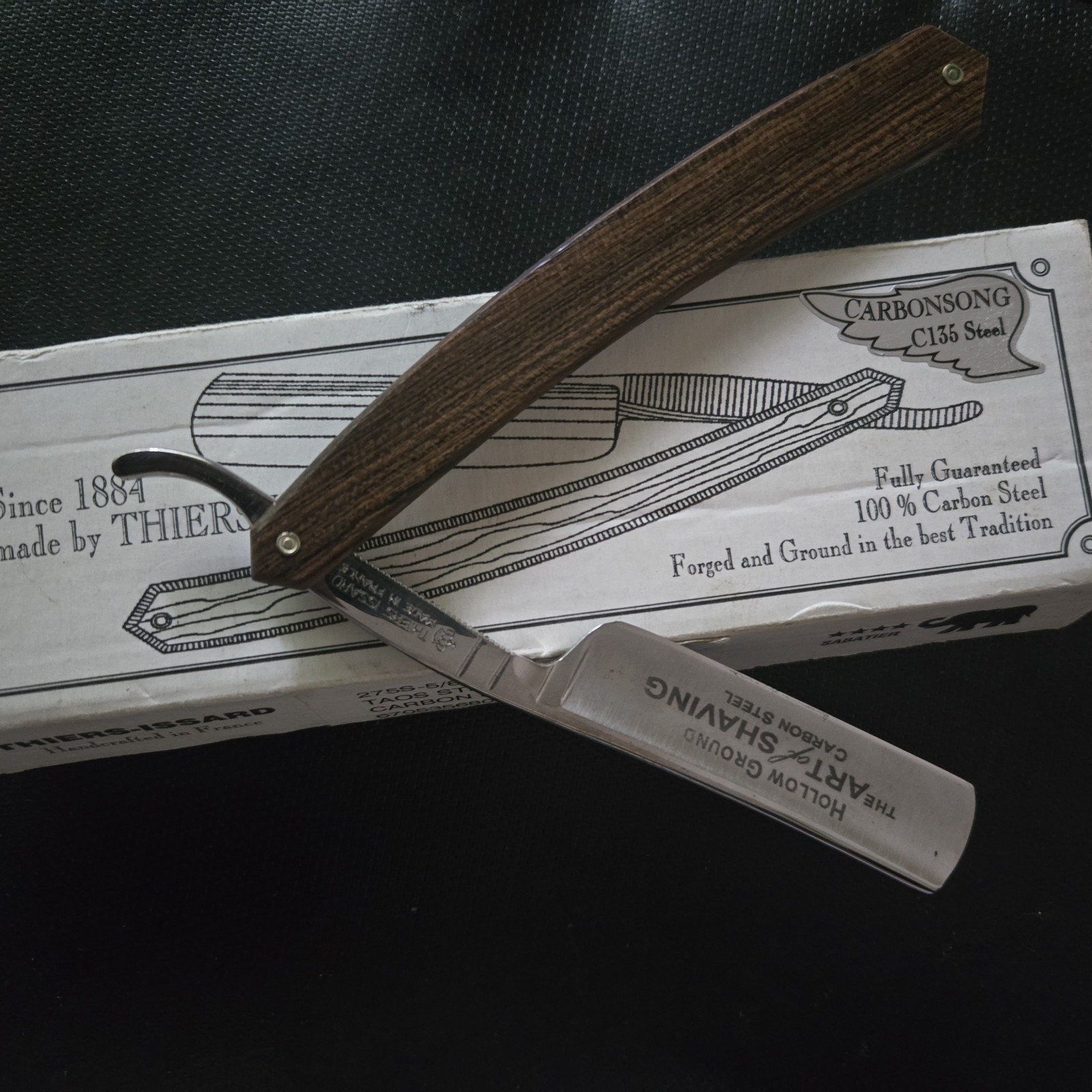 Thiers-Issard Carbonsong C135 Steel Straight Razor Wood Handle Leather Case