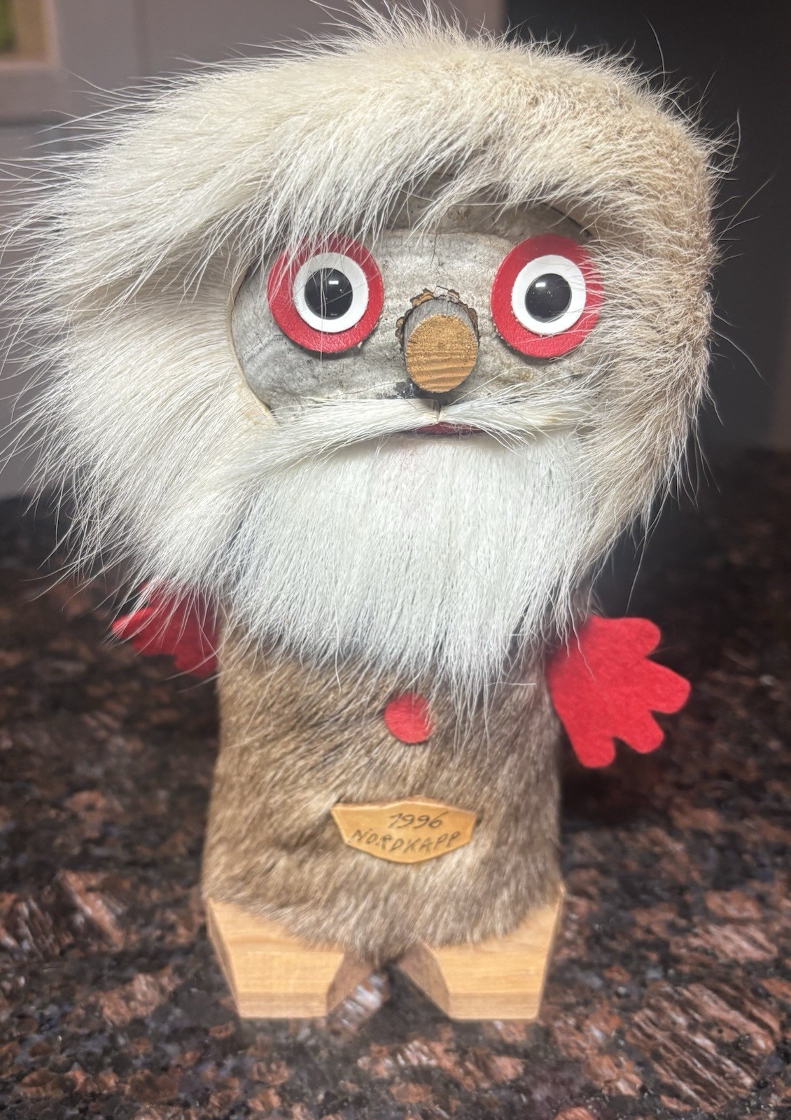 Vintage 1996 Nordkapp Norway Souvenir Troll Figurine Handmade Reindeer Fur Wood