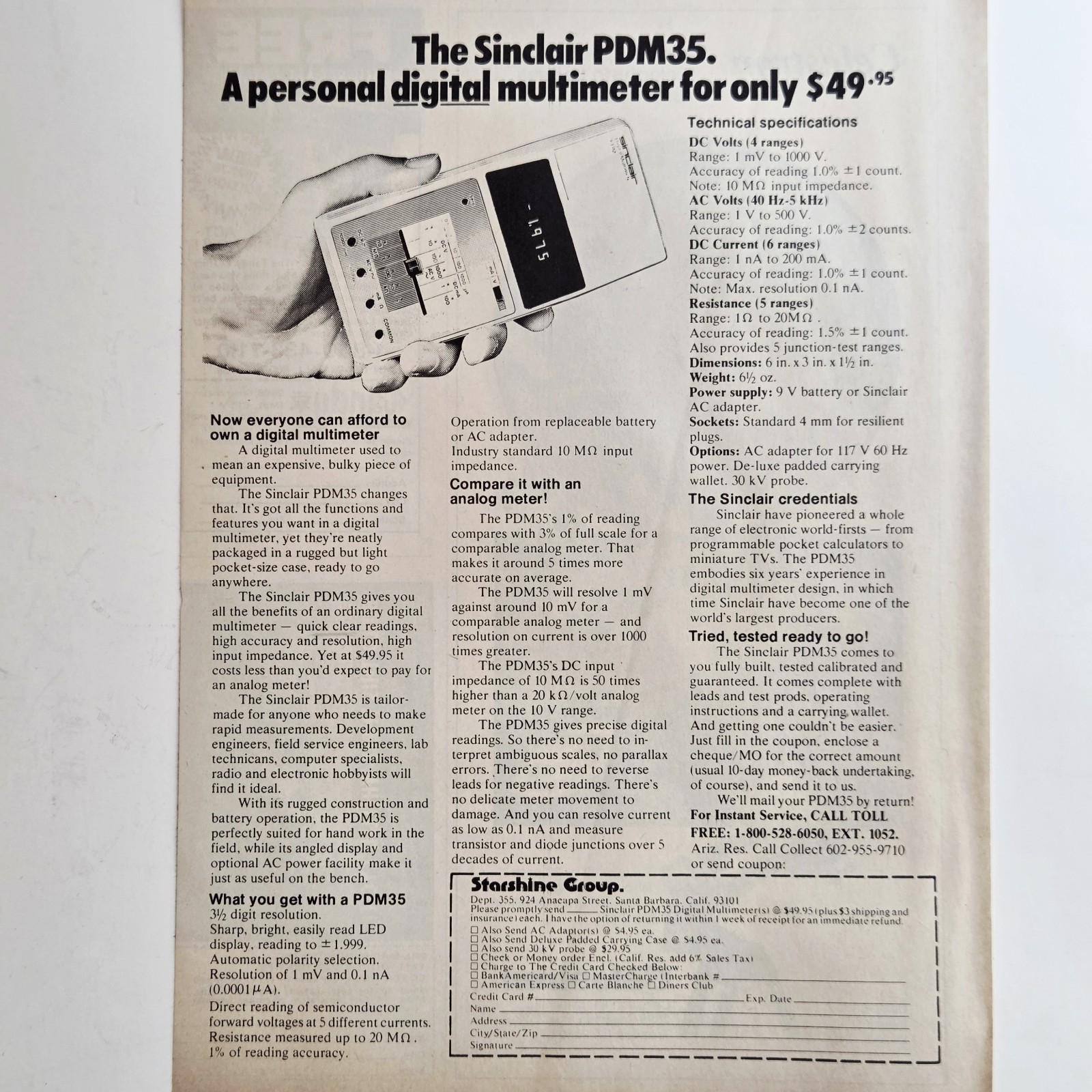 Vintage 1978 Sinclair PDM35 Personal Digital Multimeter Print Ad Clive Sinclair
