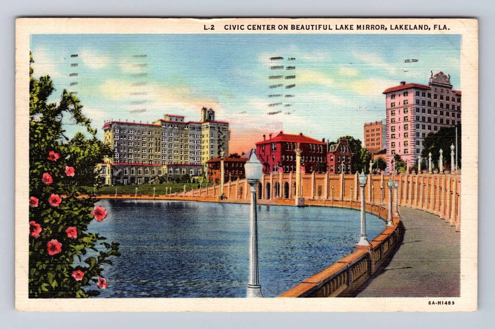 Lakeland FL-Florida, Lake Mirror, Civic Center, Antique Vintage Postcard