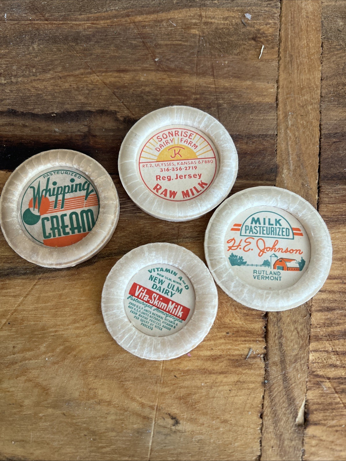 Lot Of 5 Vintage Cardboard Milk Bottle Caps Tops Various Dairies VT, MN, NJ