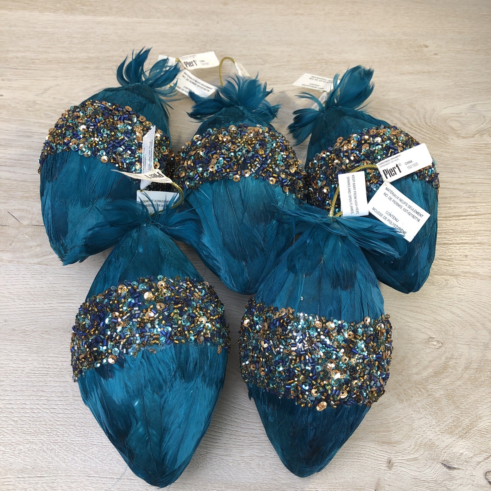S/5 Pier 1 Imports Teal Teardrop Feathered Embellished Christmas Ornaments NWT