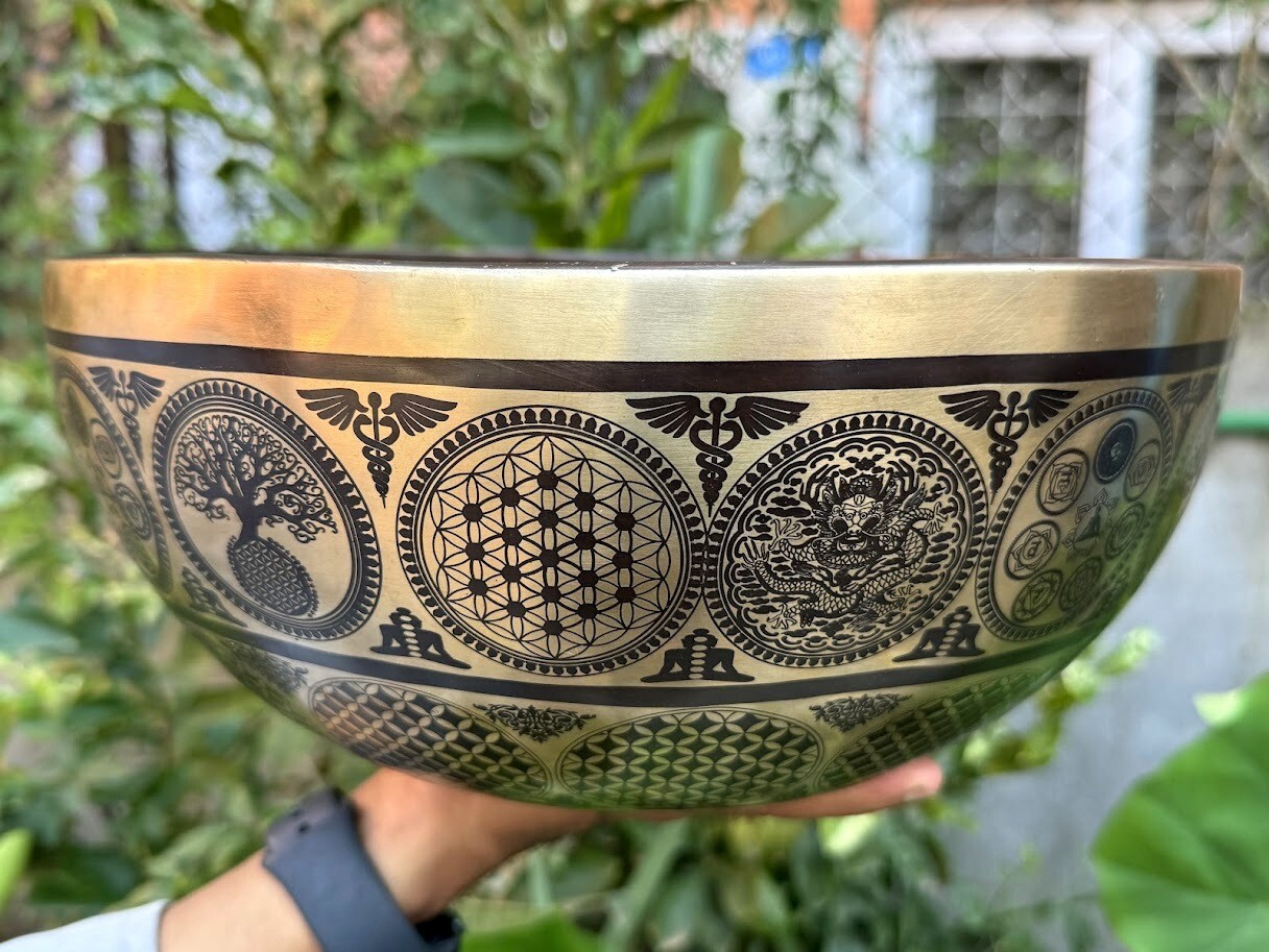 13 inches Geometry carved singing bowls - Large standing healing therapy Bowls